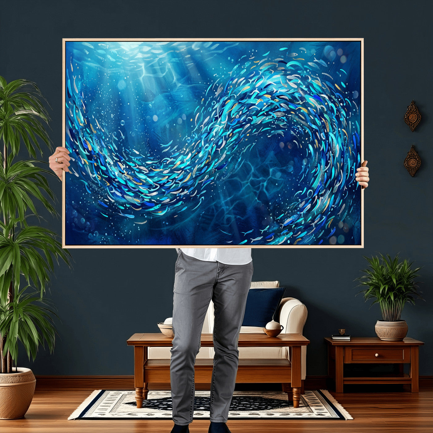 54535639-MGV-CV-36X24 - School of Fish Canvas Print | Blue Ocean Underwater Wall Art | Swirling Fish Shoal Illustration | Marine Navy Coastal Decor