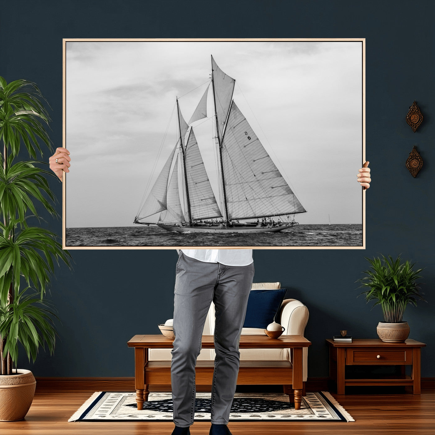 52882918-MGV-CV-36X24 - Vintage Sailboat Wall Art Canvas Print, Black and White Schooner Framed Artwork, Nautical Ocean Sailing Decor for Living Room Office Beach House