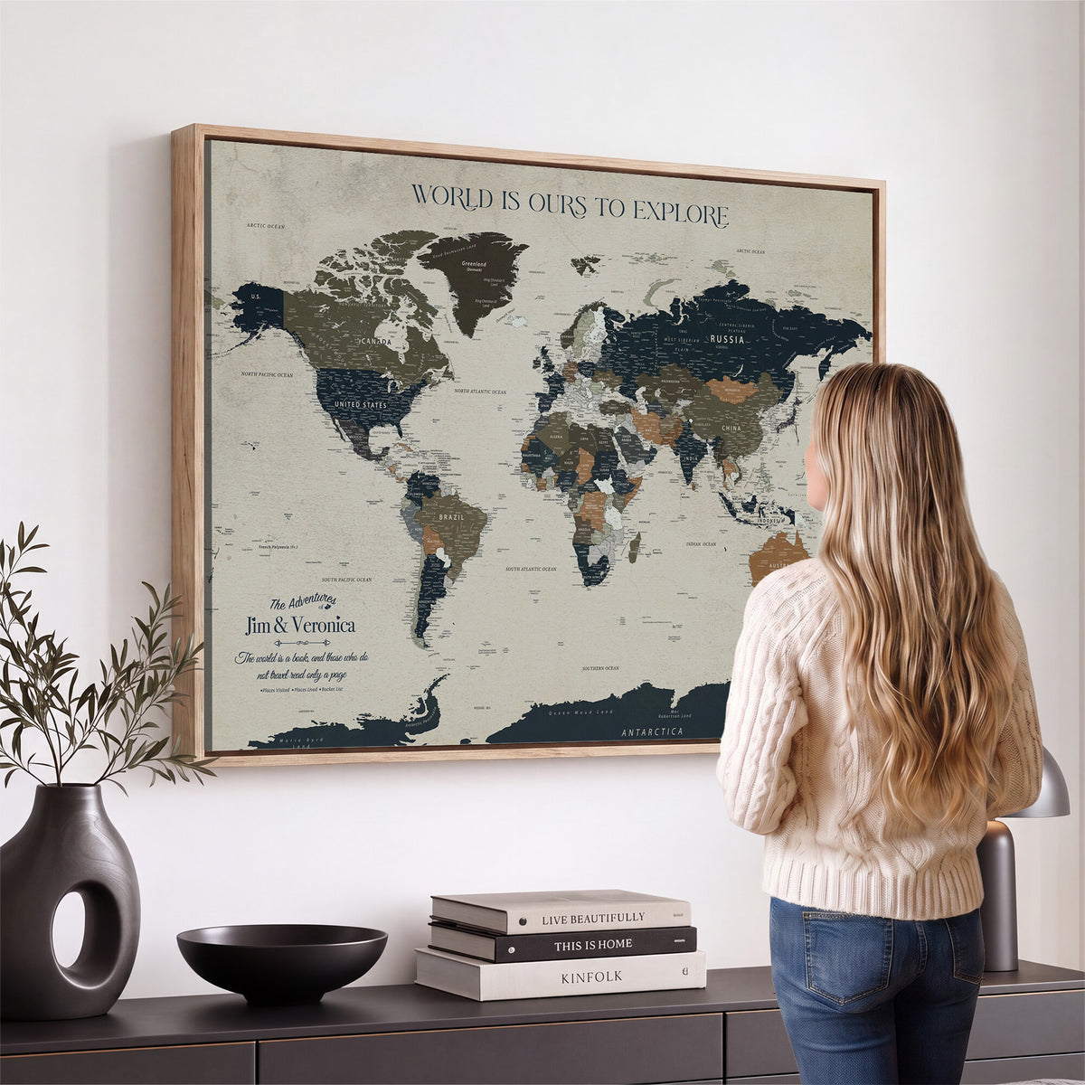64110391126C-MGV-CV-36X24 - Custom Push Pin World Map Wall Art Canvas Print | Personalized Travel Tracker