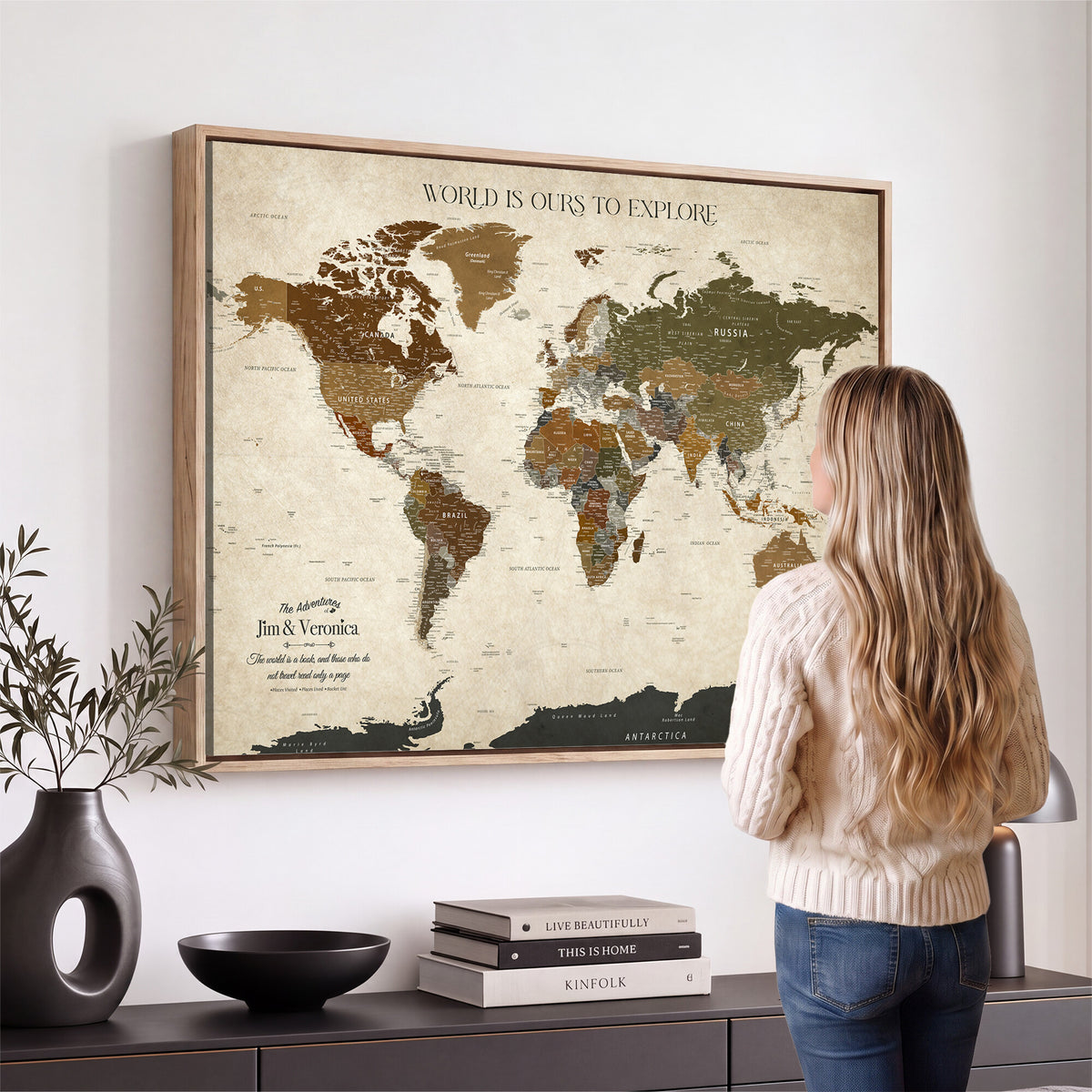 64110391126O-MGV-CV-36X24 - Custom Push Pin World Map Wall Art Canvas Print | Travel Tracker With Pins