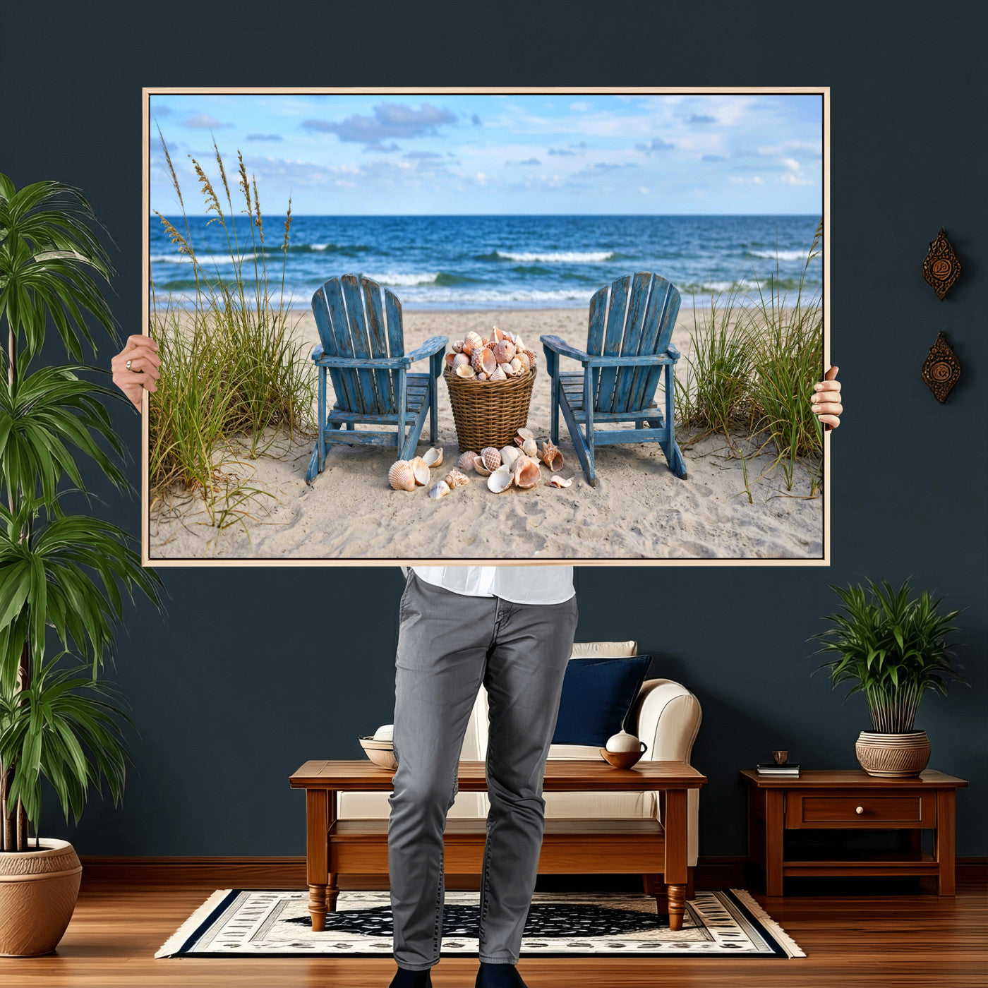80268829-MGV-CV-36X24 - Large Beach Canvas Wall Art Coastal Adirondack Chairs Ocean Seashells Blue Nautical Framed Large for Living Room Bedroom Bathroom Decor