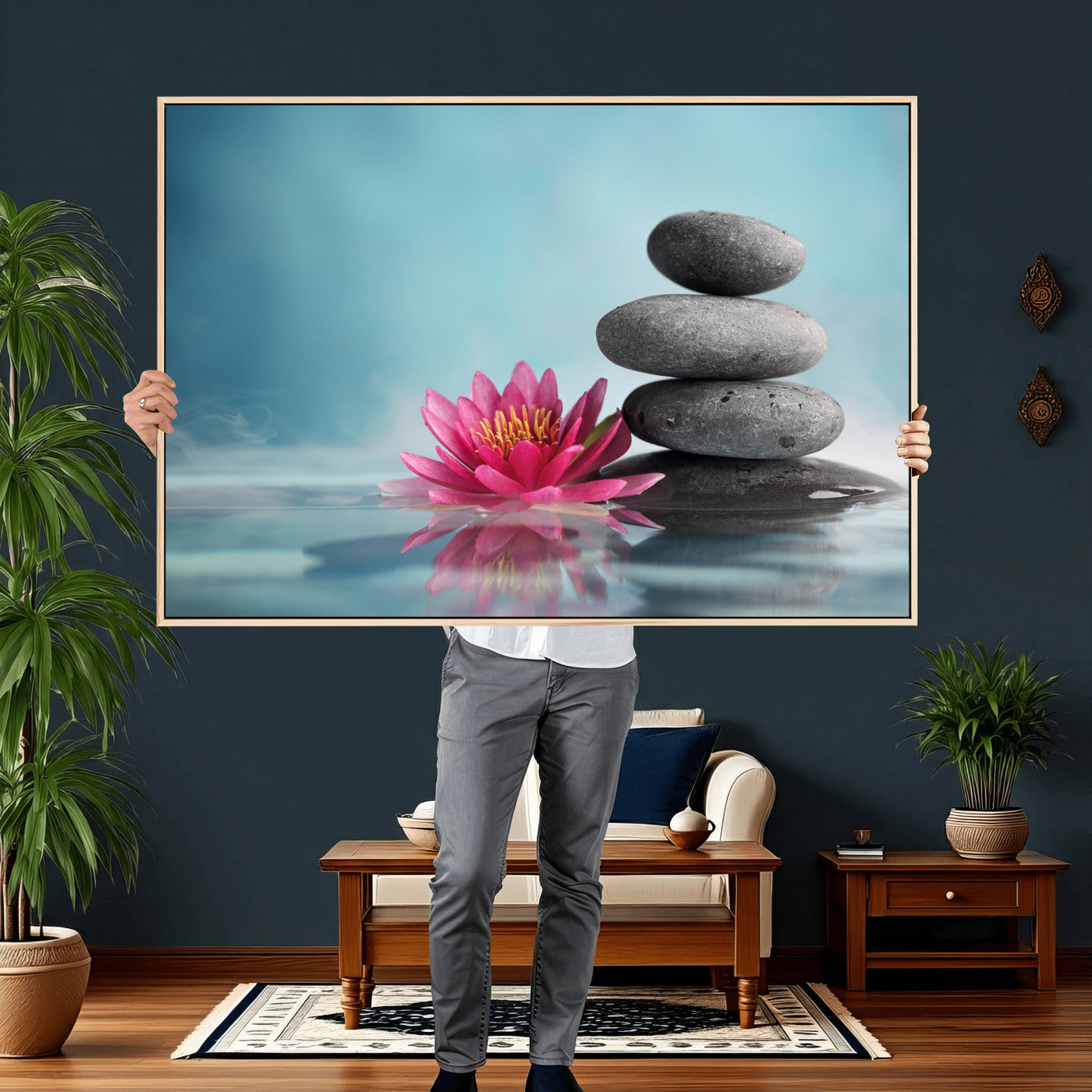84293154-MGV-CV-36X24 - Zen Canvas Wall Art Lotus Flower Stacked Stones Teal Spa Meditation Relaxation Framed Large for Bathroom Bedroom Living Room Office Decor