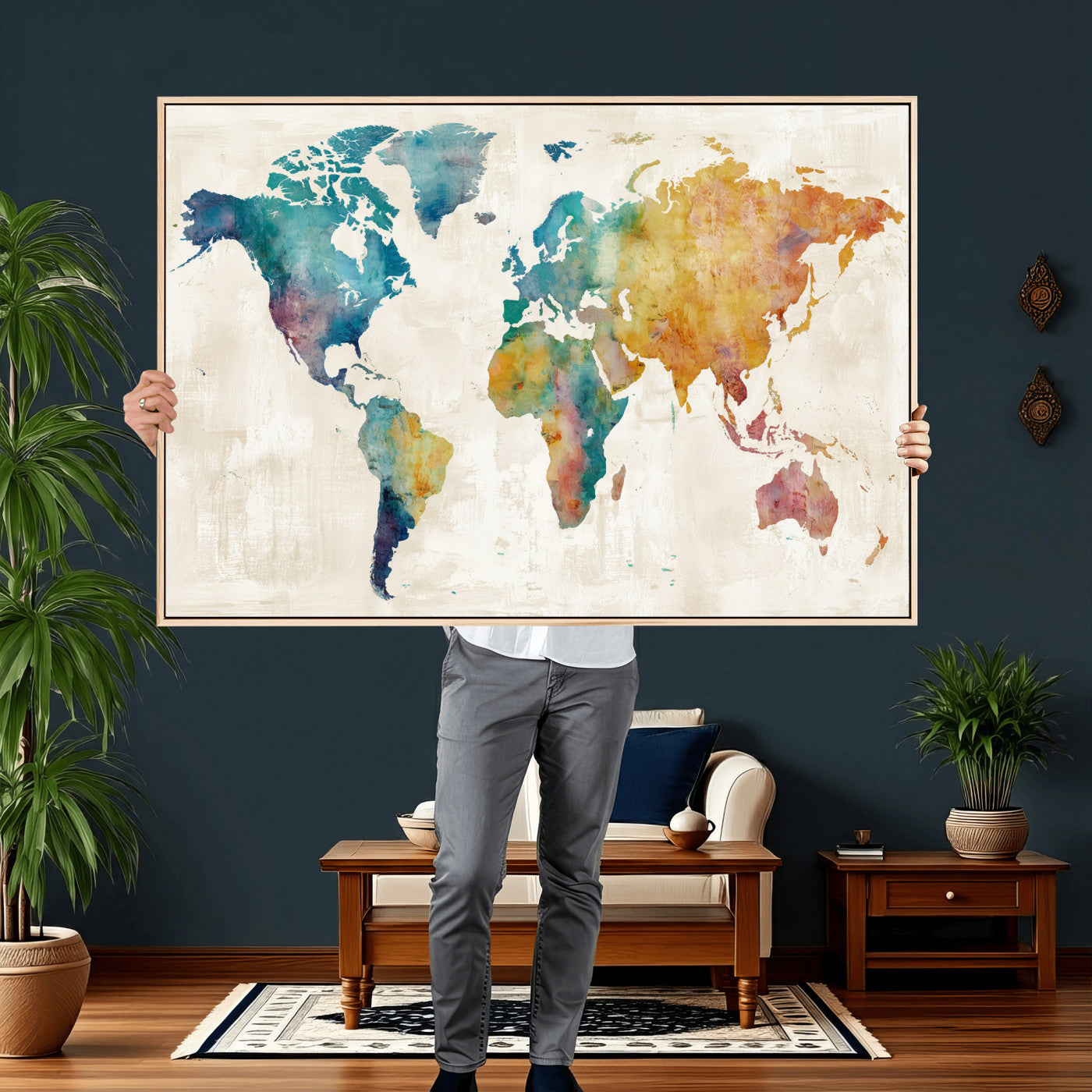 56556018-MGV-CV-36X24 - Watercolor World Map Canvas Wall Art Print – Abstract Colorful Travel Wall Decor