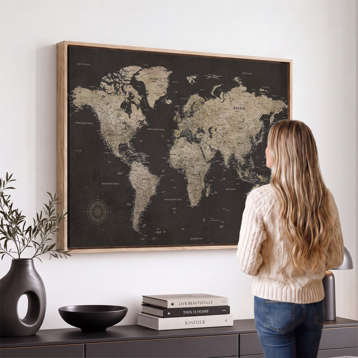 56556018136-MGV-CV-36X24 - World Map Canvas Wall Art Dark Charcoal Antique Tan Detailed
