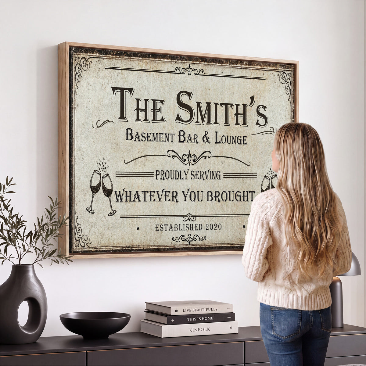 Custom Basement Bar & Lounge Sign Canvas, Personalized Family Name Art