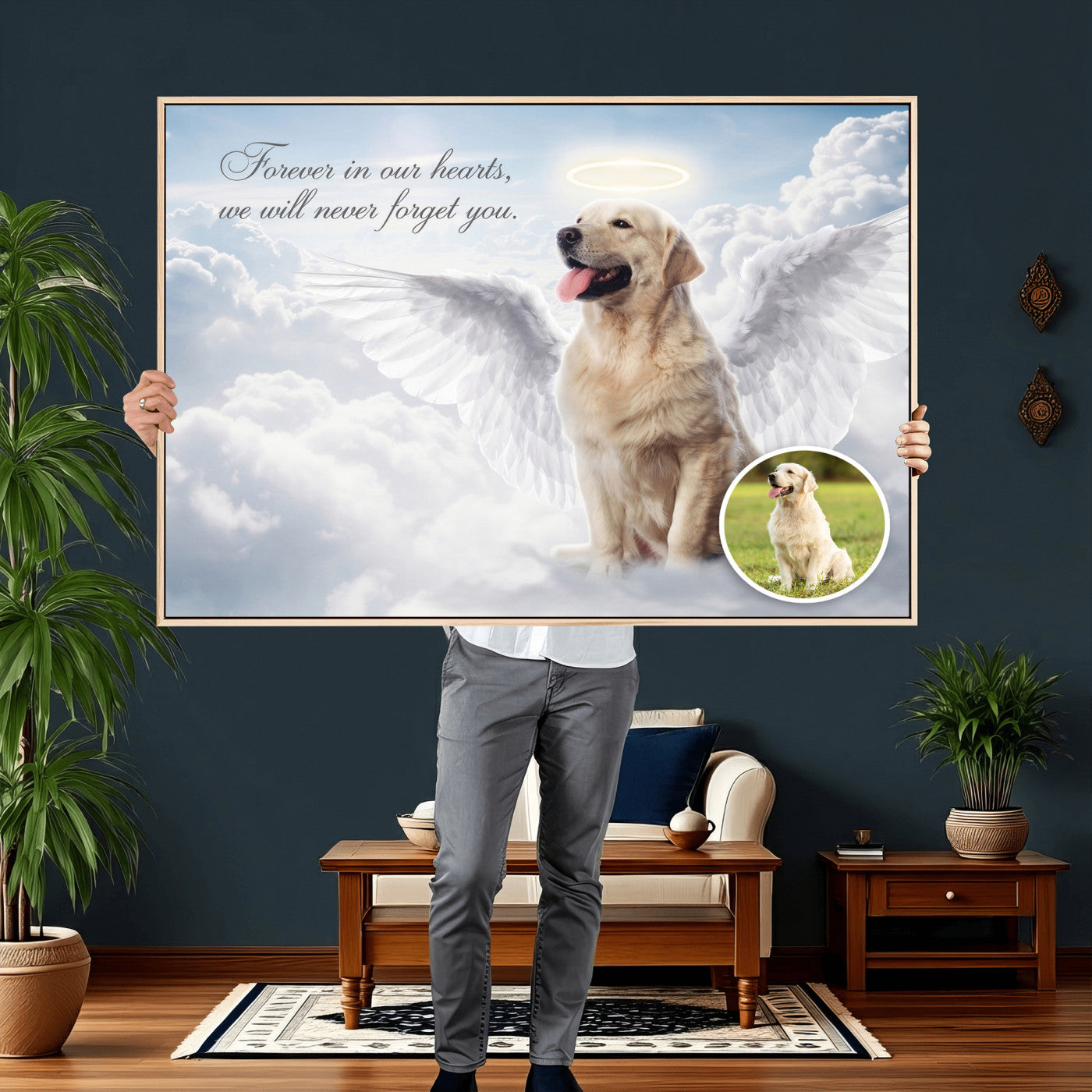 62795455-MGV-CV-36X24 - Pet Memorial Wall Art Canvas Print, Custom Dog Memorial Portrait, Personalized Angel Pet Loss Gift, Angel Wings Puppy Print
