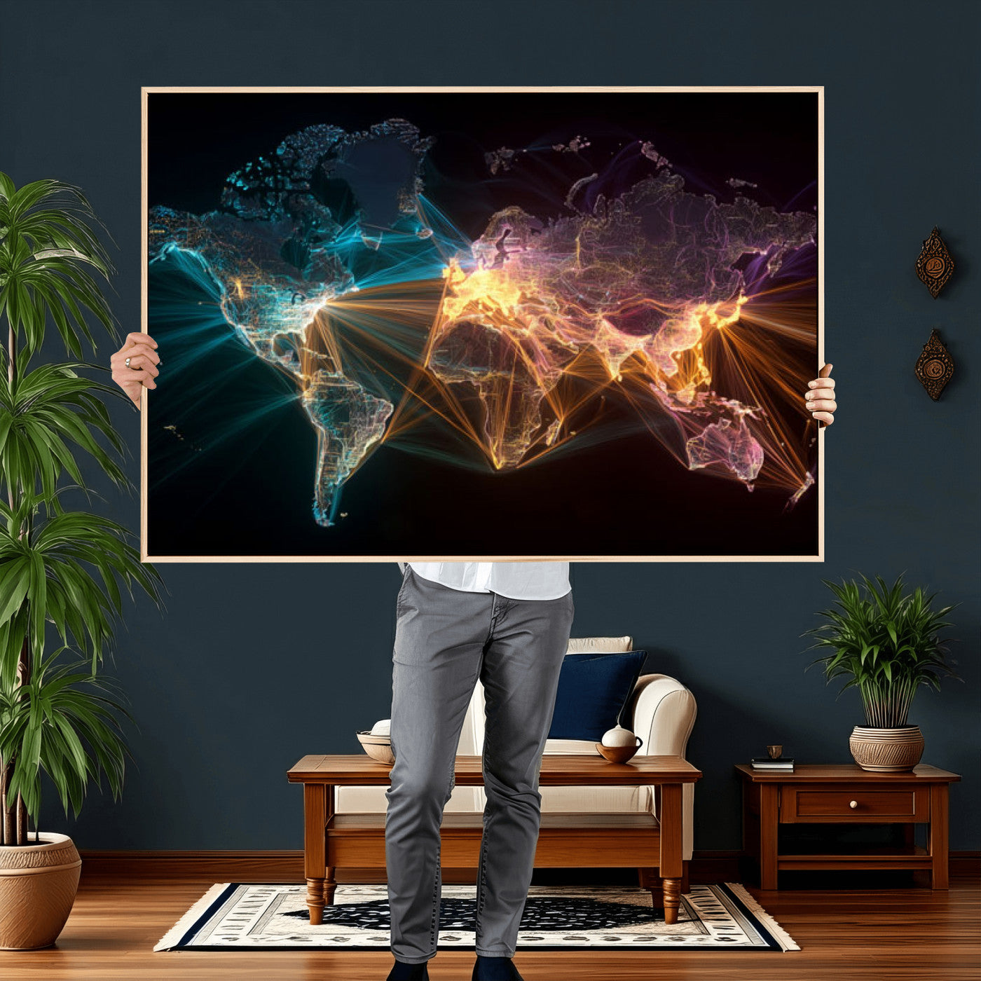 14891737-MGV-CV-36X24 - World Map and Global Flight Routes Map Canvas Wall Art, Worldwide Aviation Network Print, International Air Travel Wall Decor