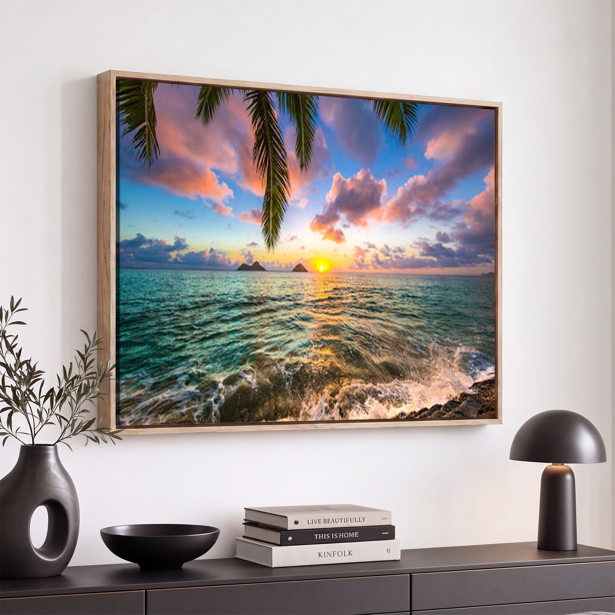 13207742-MGV-CV-36X24 - Hawaii Beach Sunset Canvas Wall Art Print, Tropical Ocean Landscape Artwork, Palm Tree Coastal Decor for Living Room Bedroom