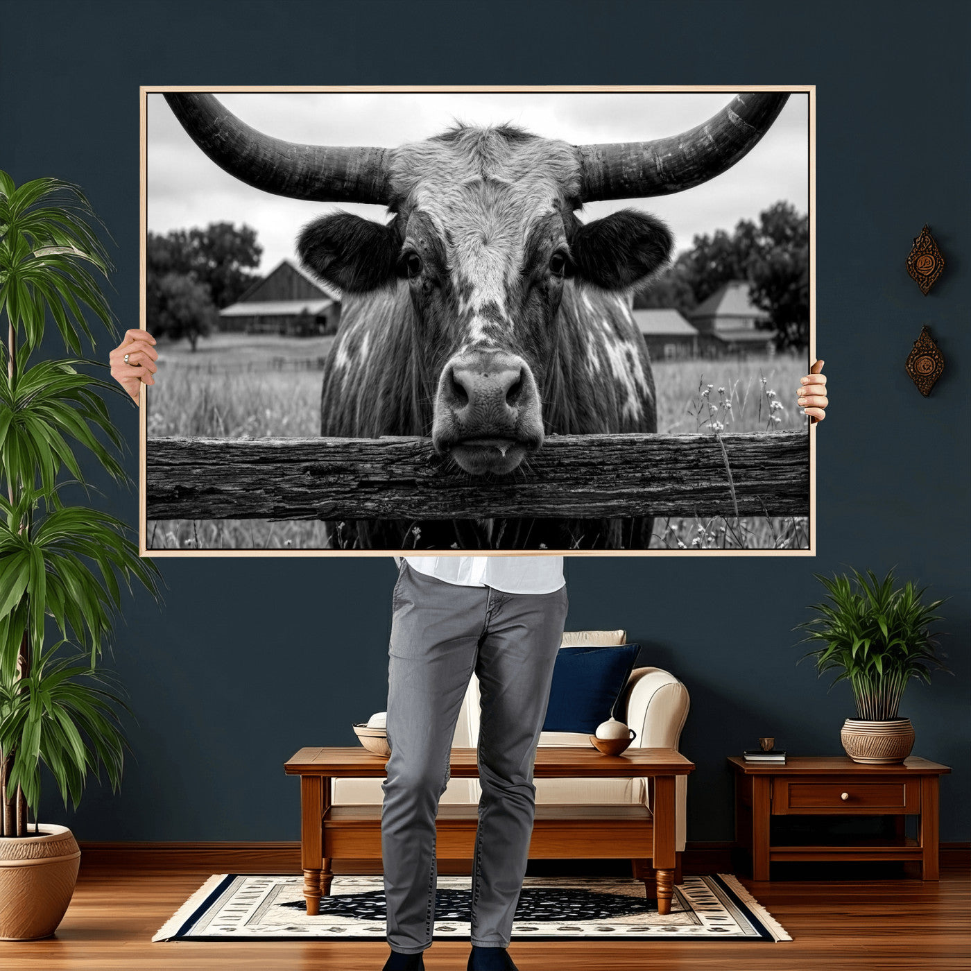 59378683B-MGV-CV-36X24 - Black White Texas Longhorn Bull Canvas Wall Art, Western Ranch Cattle Photography Print, Rustic Farmhouse Cowboy Decor Artwork