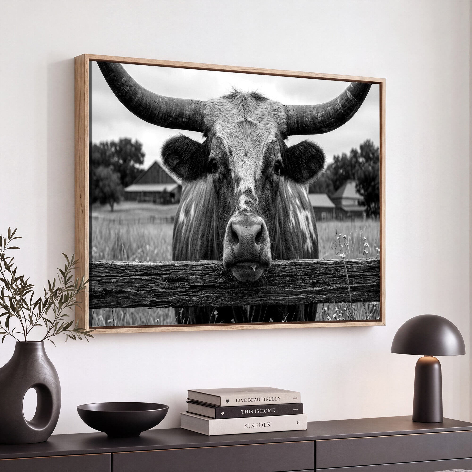 59378683B-MGV-CV-36X24 - Black White Texas Longhorn Bull Canvas Wall Art, Western Ranch Cattle Photography Print, Rustic Farmhouse Cowboy Decor Artwork