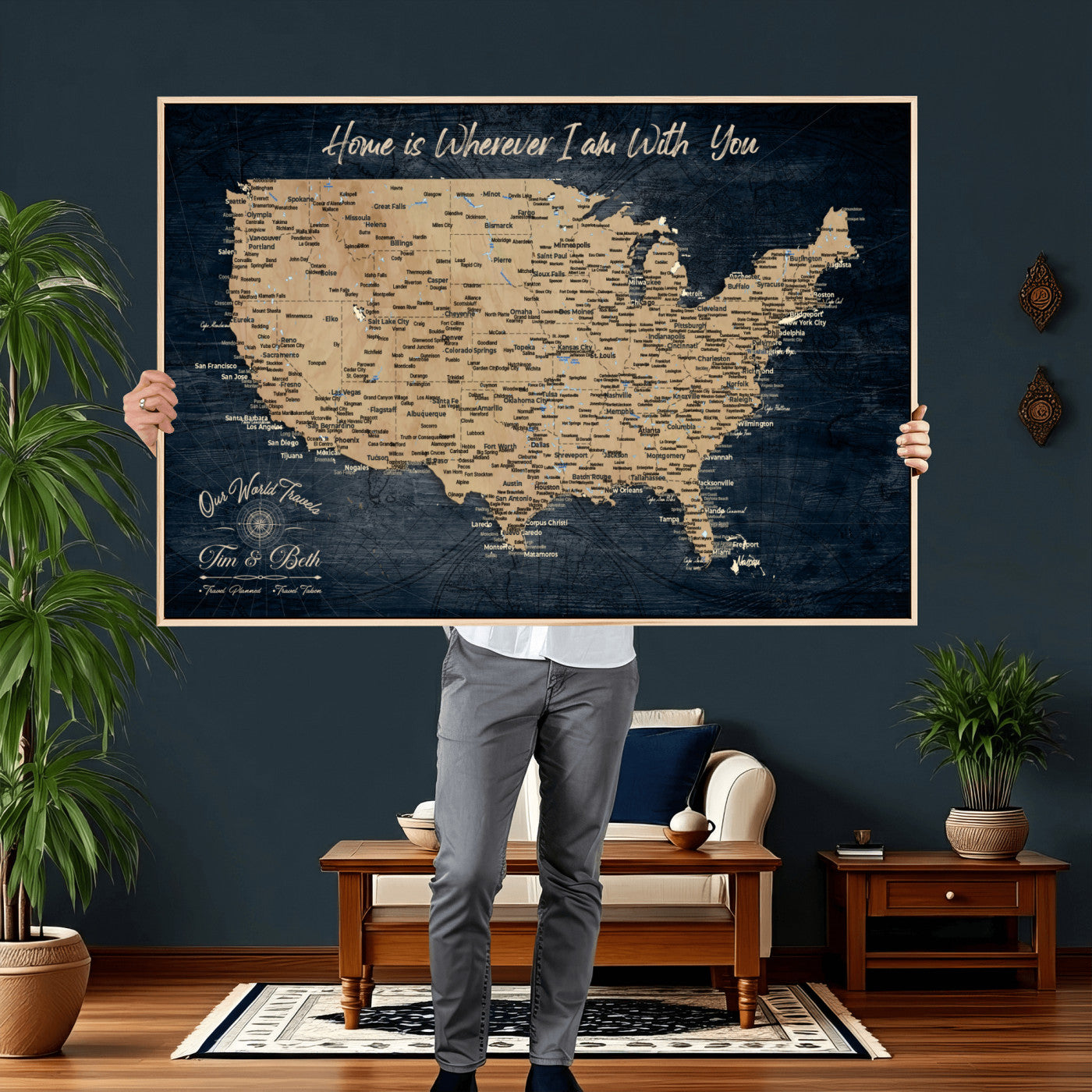 48467834-MGV-CV-36X24 - Custom Push Pin US Map Canvas | Personalized Travel Tracker | USA Cities Map Anniversary Gift for Couples | Adventure America Map Wall Art with Pins
