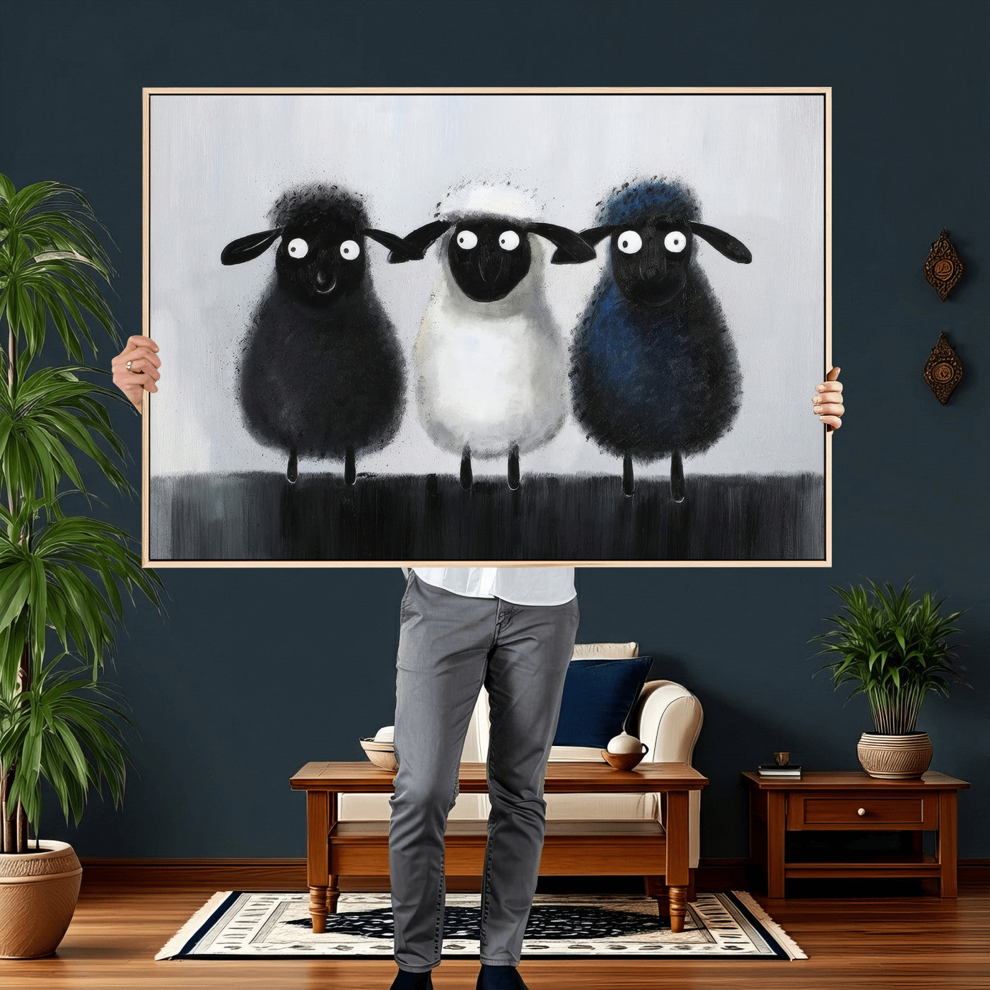 45650028-MGV-CV-36X24 - Funny Sheep Canvas Wall Art, Three Quirky Sheep Painting Print, Cute Animal Nursery Decor, Black White Navy Farmhouse Art, Kids Room Gift