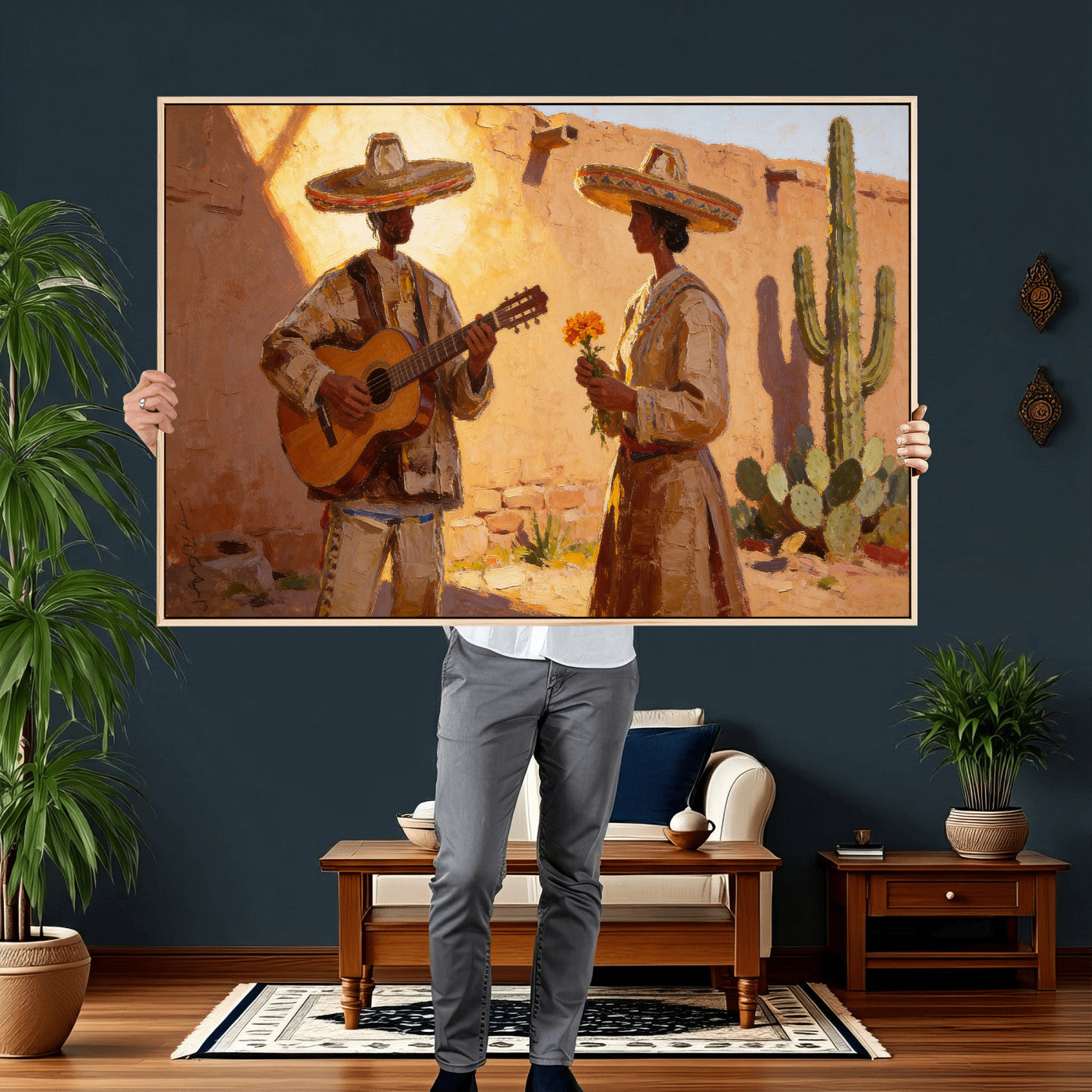 41849005-MGV-CV-36X24 - Mexican Couple Canvas Wall Art, Romantic Serenade Guitar Painting Print, Southwestern Desert Adobe Decor, Warm Golden Folk Art, Living Room Art