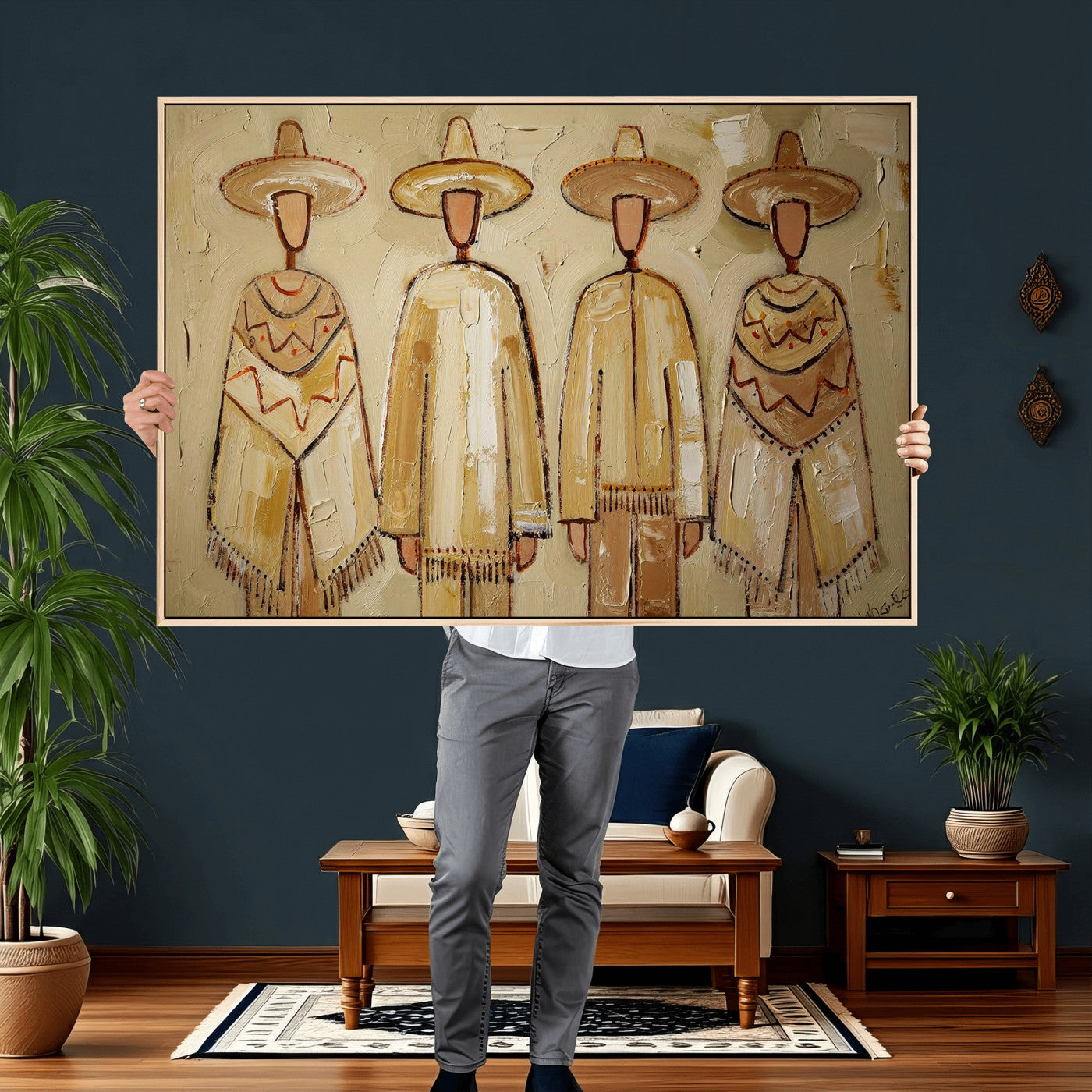 46071653-MGV-CV-36X24 - Mexican Folk Art Canvas Wall Art, Charro Poncho Sombrero Painting Print, Neutral Beige Boho Decor, Southwestern Impasto Style, Living Room Art