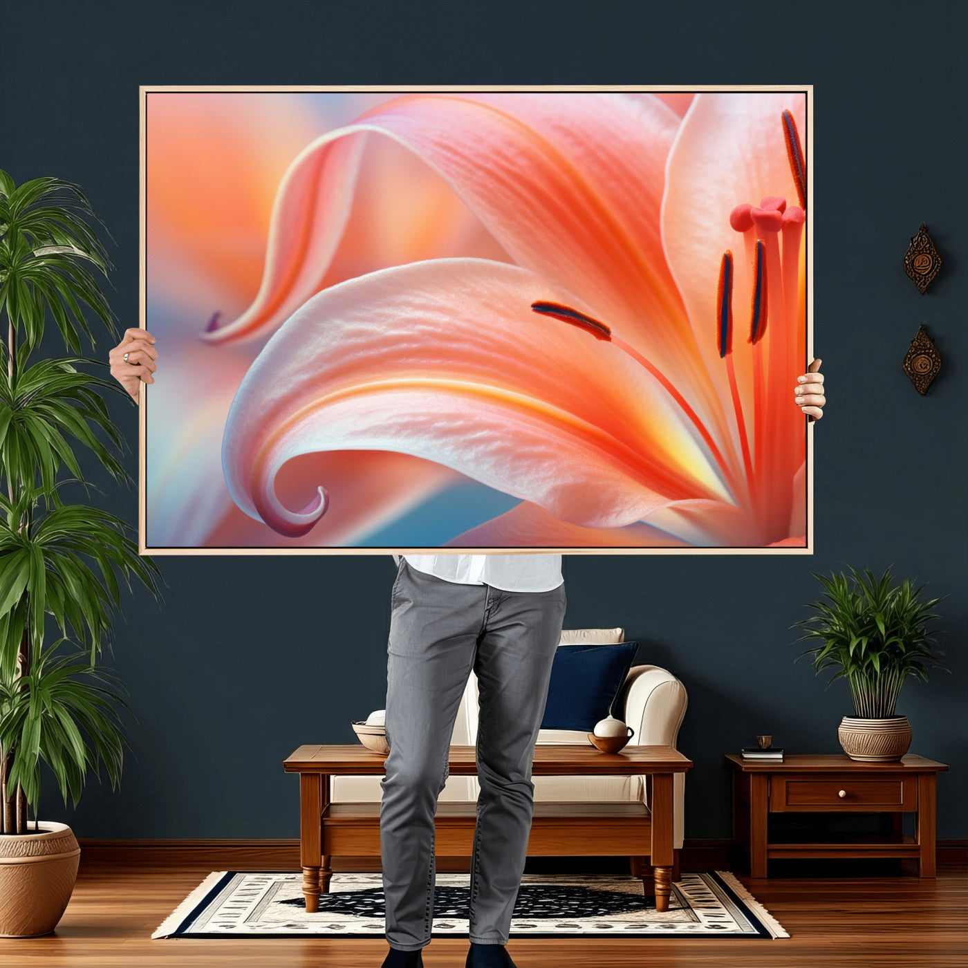 69566231-MGV-CV-36X24 - Peach Lily Canvas Wall Art, Coral Pink Flower Macro Photo Print, Botanical Bedroom Decor, Soft Floral Photography, Living Room Wall Art