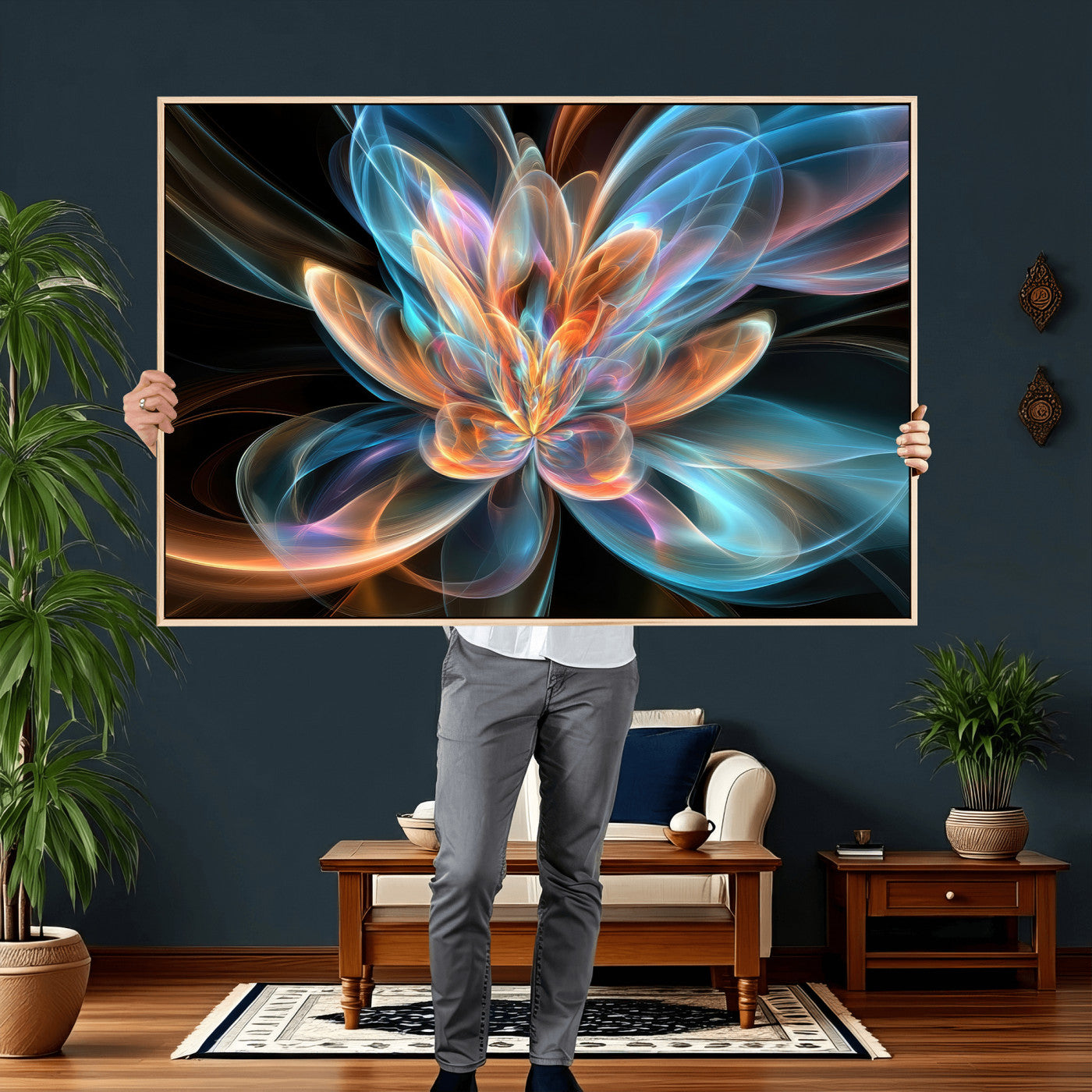 91902283-MGV-CV-36X24 - Fractal Lotus Canvas Wall Art, Blue Orange Glowing Flower Abstract Print, Modern Zen Meditation Room Decor, Ethereal Digital Art, Living Room