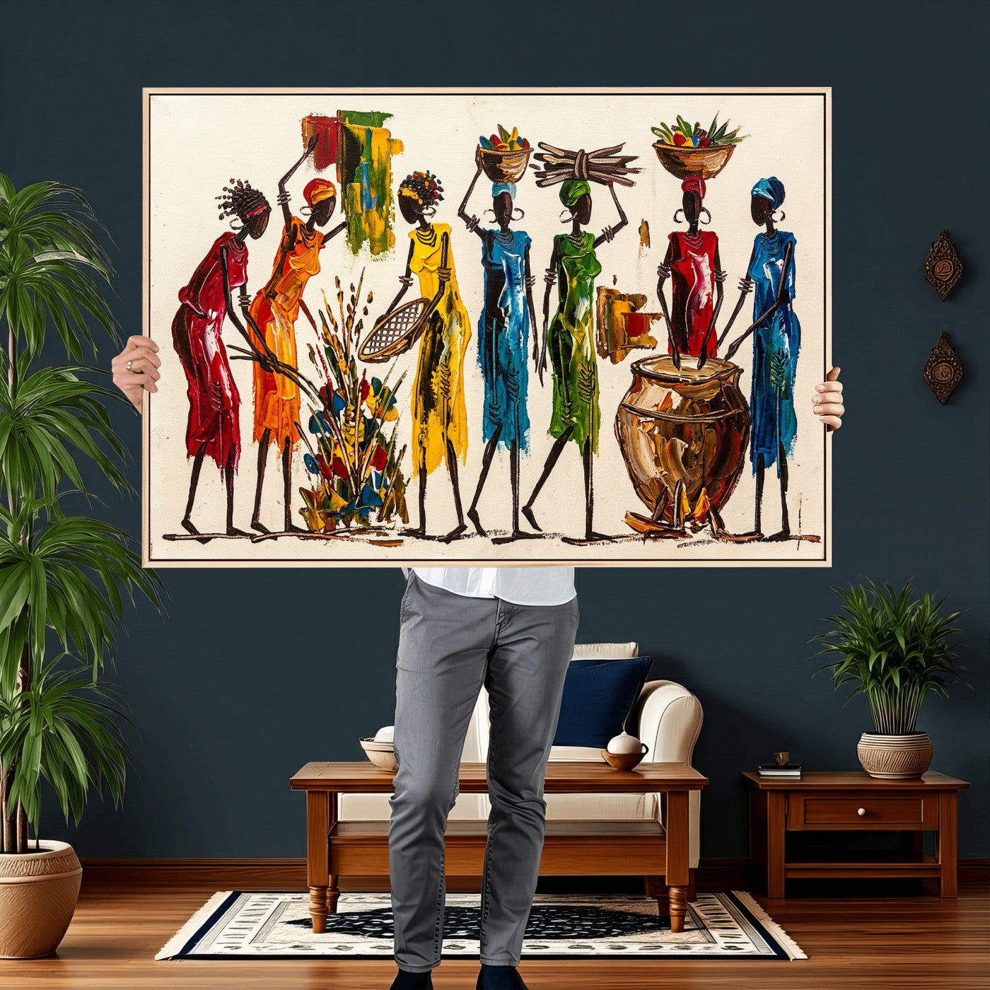 83463154-MGV-CV-36X24 - African Folk Art Canvas Wall Art, Colorful African Women Village Painting Print, Tribal Ethnic Home Decor, Vibrant African Art, Living Room