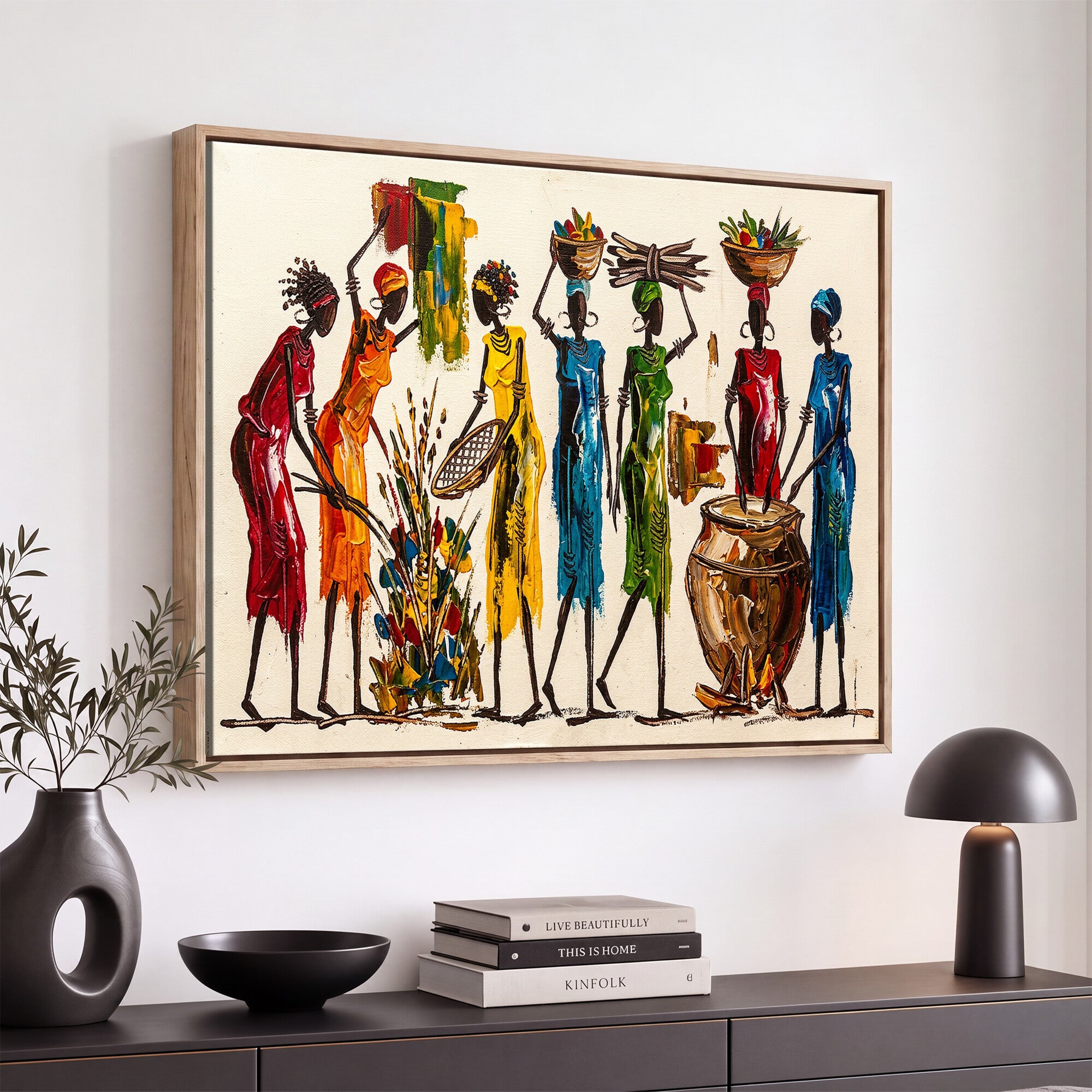 83463154-MGV-CV-36X24 - African Folk Art Canvas Wall Art, Colorful African Women Village Painting Print, Tribal Ethnic Home Decor, Vibrant African Art, Living Room