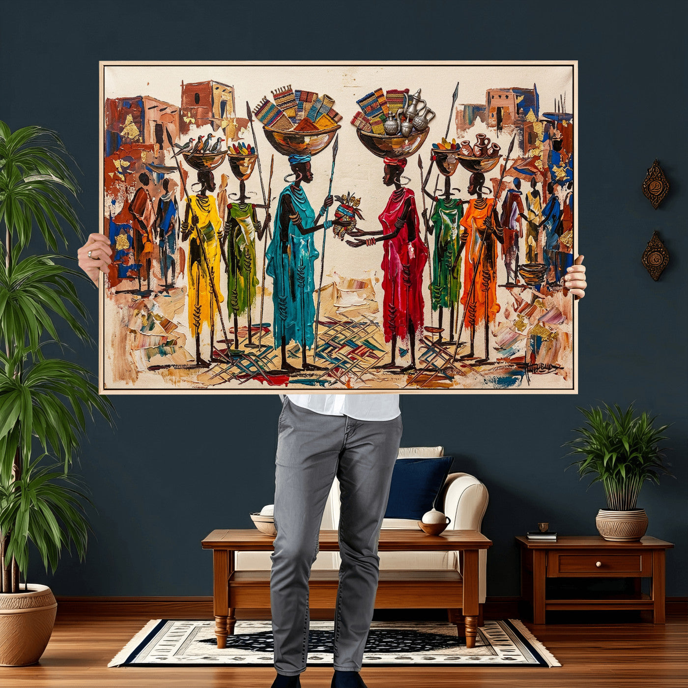 54818657-MGV-CV-36X24 - African Folk Art Canvas Wall Art, Colorful African Women Village Painting Print, Tribal Ethnic Home Decor, Vibrant African Art, Living Room