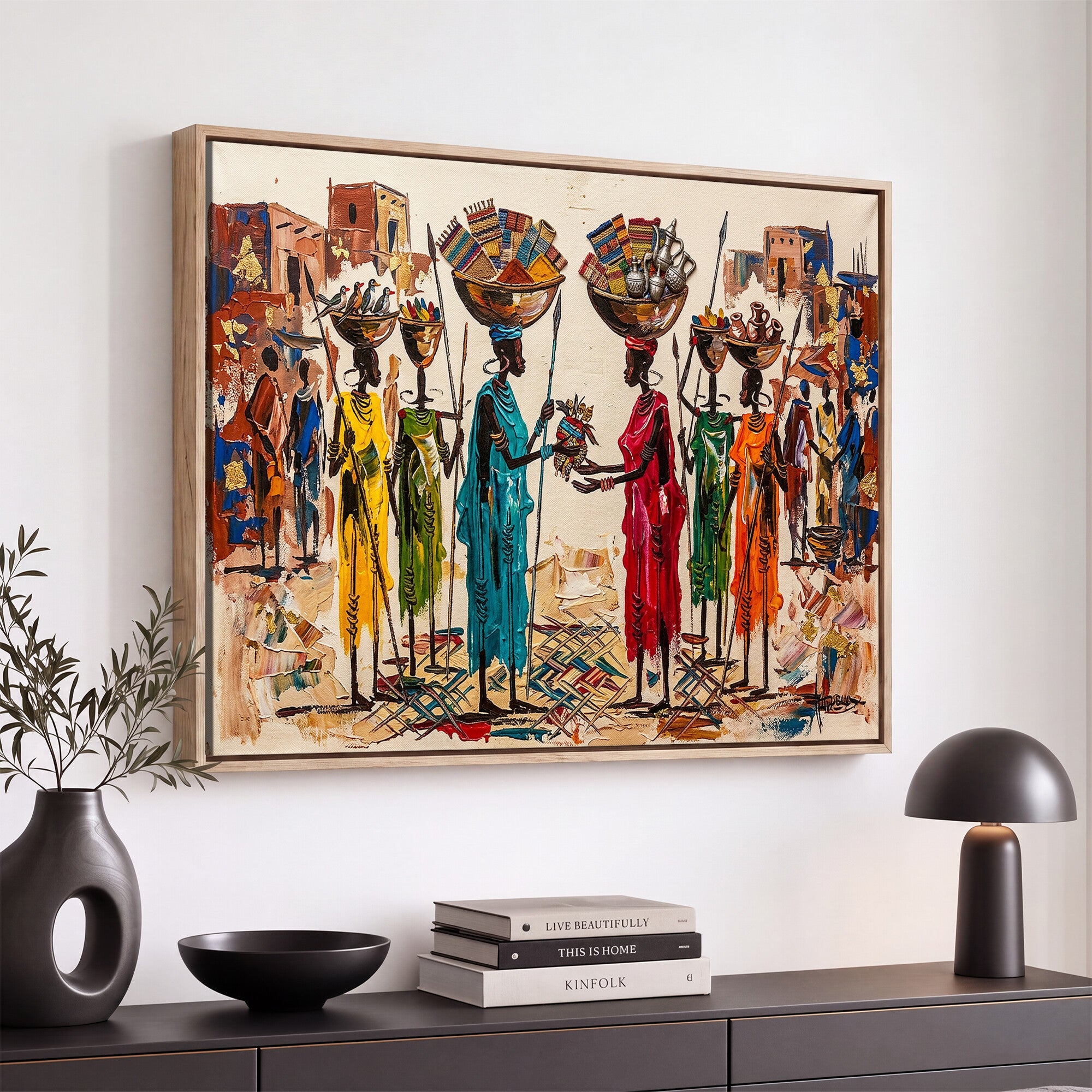 54818657-MGV-CV-36X24 - African Folk Art Canvas Wall Art, Colorful African Women Village Painting Print, Tribal Ethnic Home Decor, Vibrant African Art, Living Room