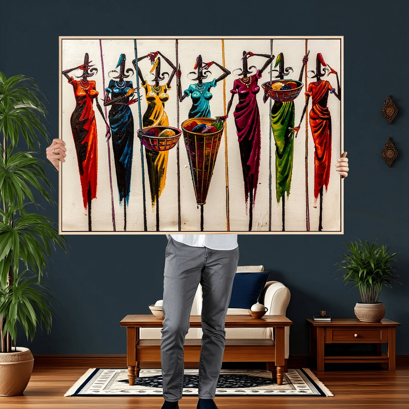53545627-MGV-CV-36X24 - African Folk Art Canvas Wall Art, Colorful African Women Village Painting Print, Tribal Ethnic Home Decor, Vibrant African Art, Living Room
