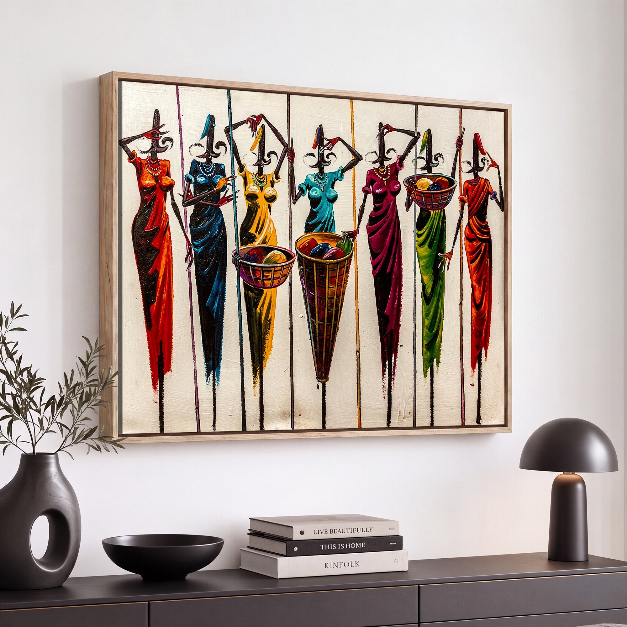 53545627-MGV-CV-36X24 - African Folk Art Canvas Wall Art, Colorful African Women Village Painting Print, Tribal Ethnic Home Decor, Vibrant African Art, Living Room