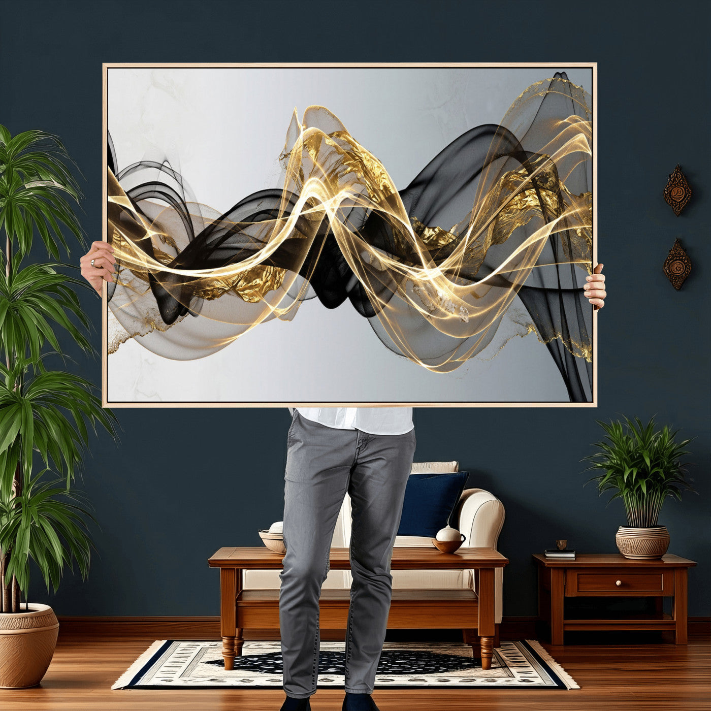 79483321DL-MGV-CV-36X24 - Black and Gold Abstract Wall Art, Modern Wave Canvas Print, Elegant Flowing Smoke Art, Luxury Living Room Decor