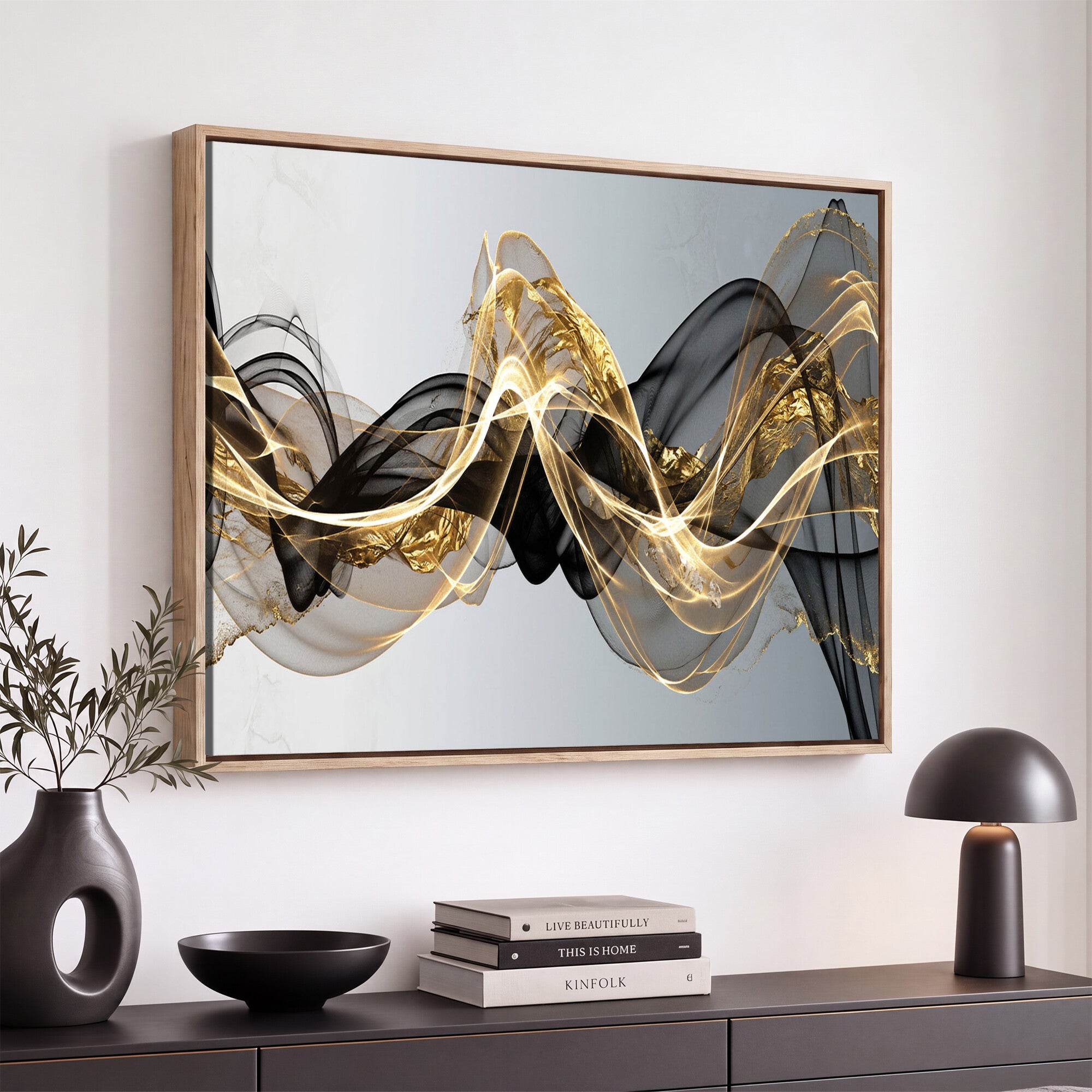 79483321DL-MGV-CV-36X24 - Black and Gold Abstract Wall Art, Modern Wave Canvas Print, Elegant Flowing Smoke Art, Luxury Living Room Decor