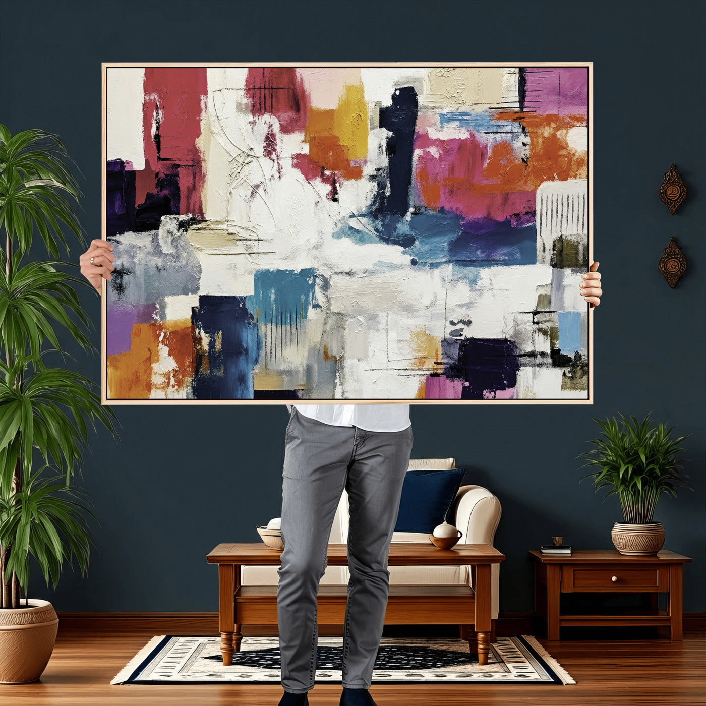 57864023-MGV-CV-36X24 - Blue Teal Abstract Canvas Wall Art, Modern Textured Painting Print, Navy Orange White Contemporary Art, Neutral Living Room Decor, Office Art