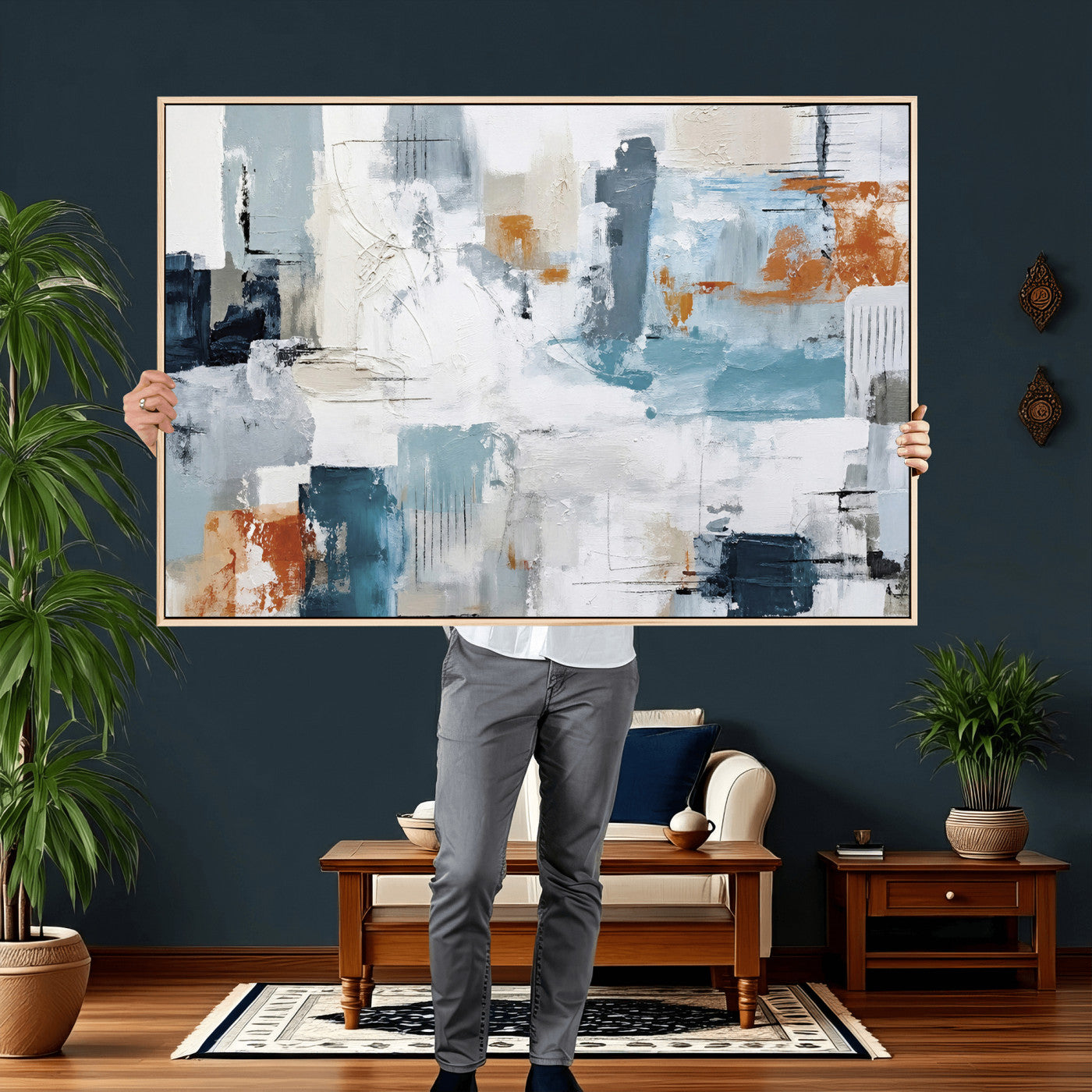 98638479-MGV-CV-36X24 - Blue Teal Abstract Canvas Wall Art, Modern Textured Painting Print, Navy Orange White Contemporary Art, Neutral Living Room Decor, Office Art