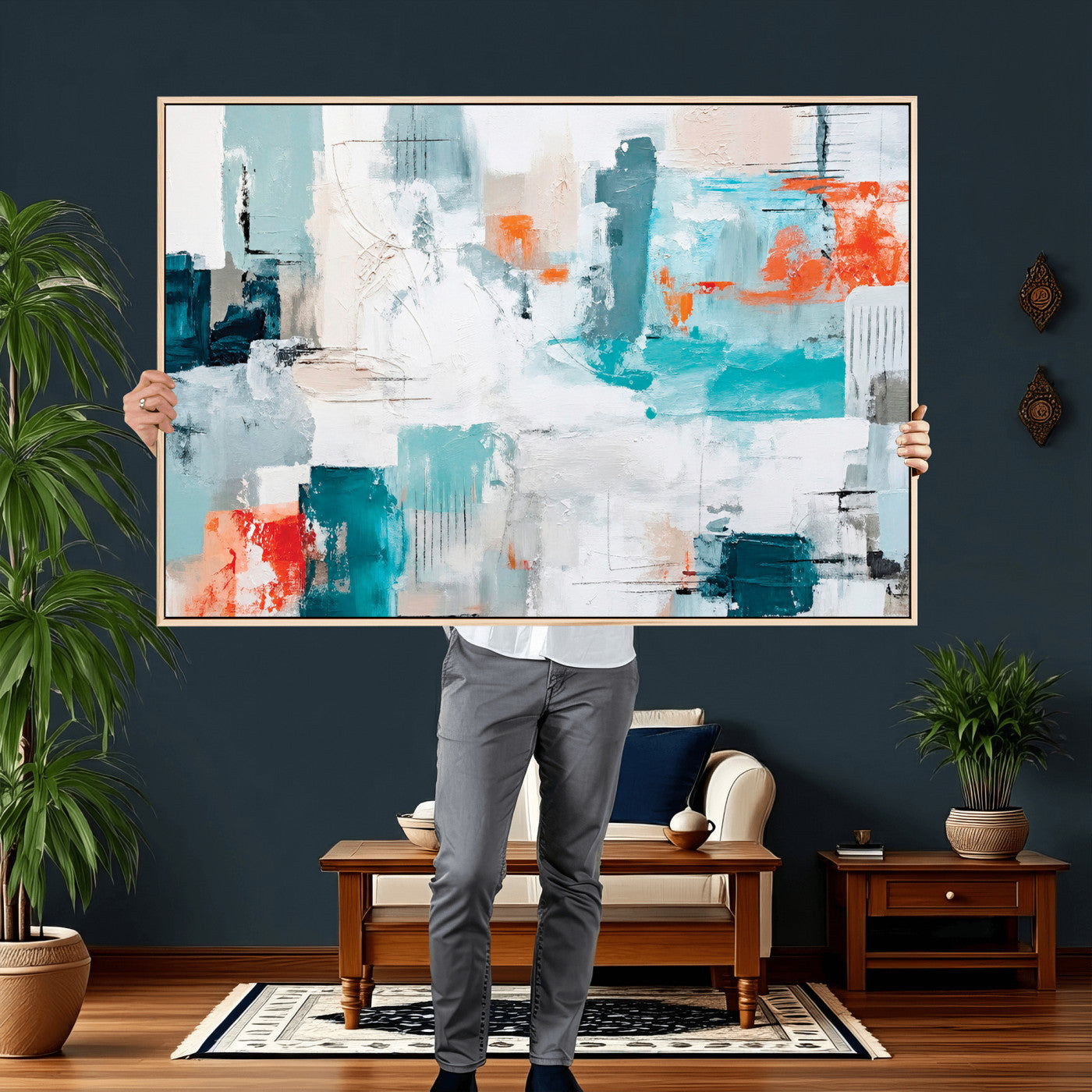 98638479-MGV-CV-36X24 - Blue Teal Abstract Canvas Wall Art | Modern Textured Painting Print, Navy Orange White Contemporary Art, Neutral Living Room Decor, Office Art
