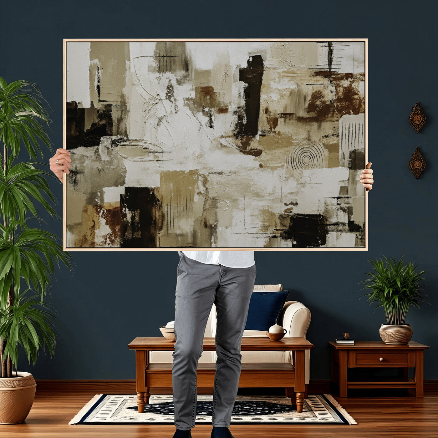 15668286-MGV-CV-36X24 - Blue Teal Abstract Canvas Wall Art, Modern Textured Painting Print, Navy Orange White Contemporary Art, Neutral Living Room Decor, Office Art