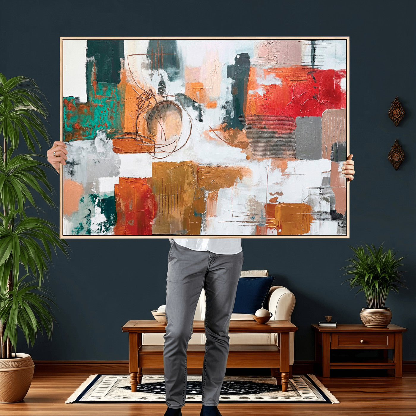 50720312-MGV-CV-36X24 - Blue Teal Abstract Canvas Wall Art | Modern Textured Painting Print, Navy Orange White Contemporary Art, Neutral Living Room Decor, Office Art.