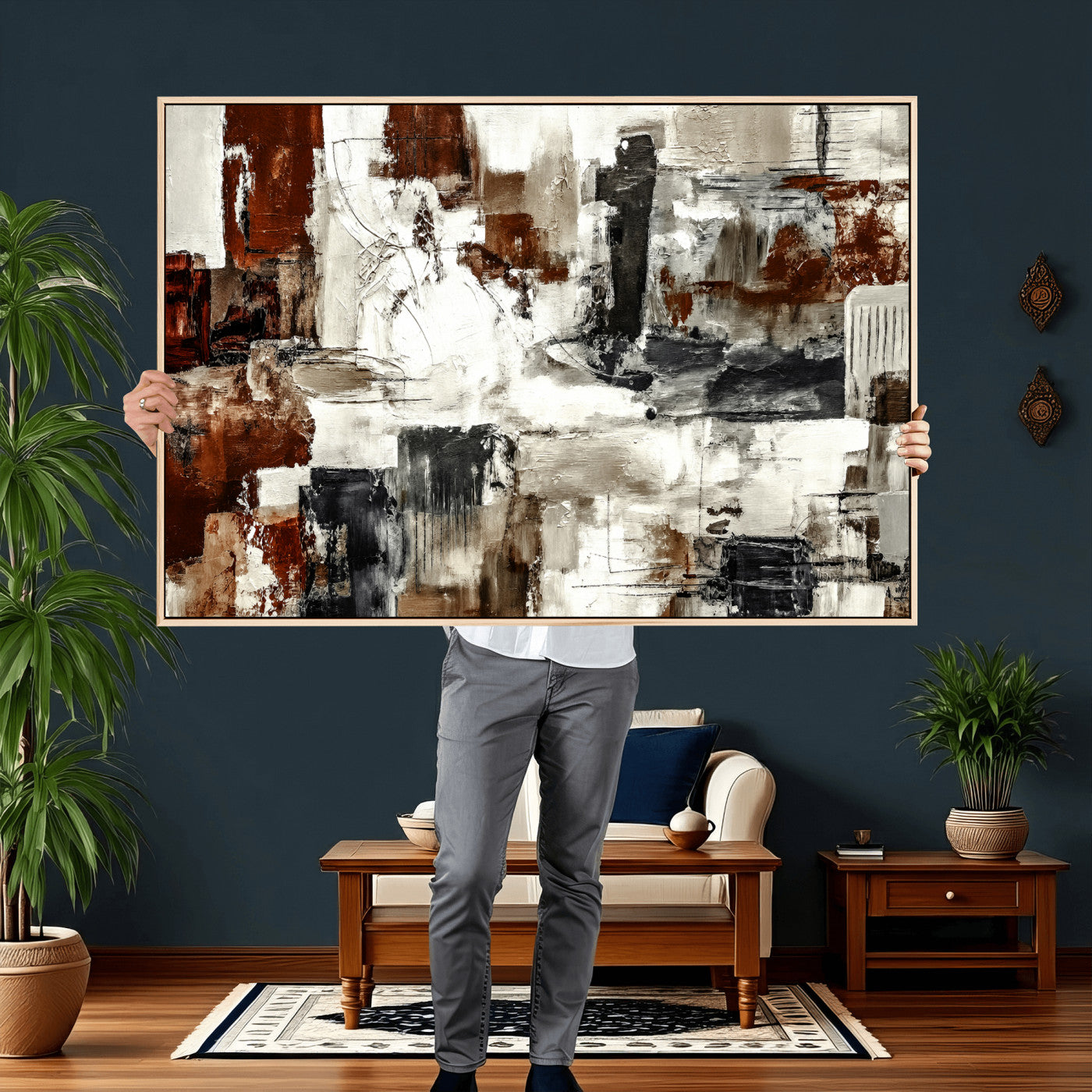53022468-MGV-CV-36X24 - Blue Teal Abstract Canvas Wall Art, Modern Textured Painting Print, Navy Orange White Contemporary Art, Neutral Living Room Decor, Office Art