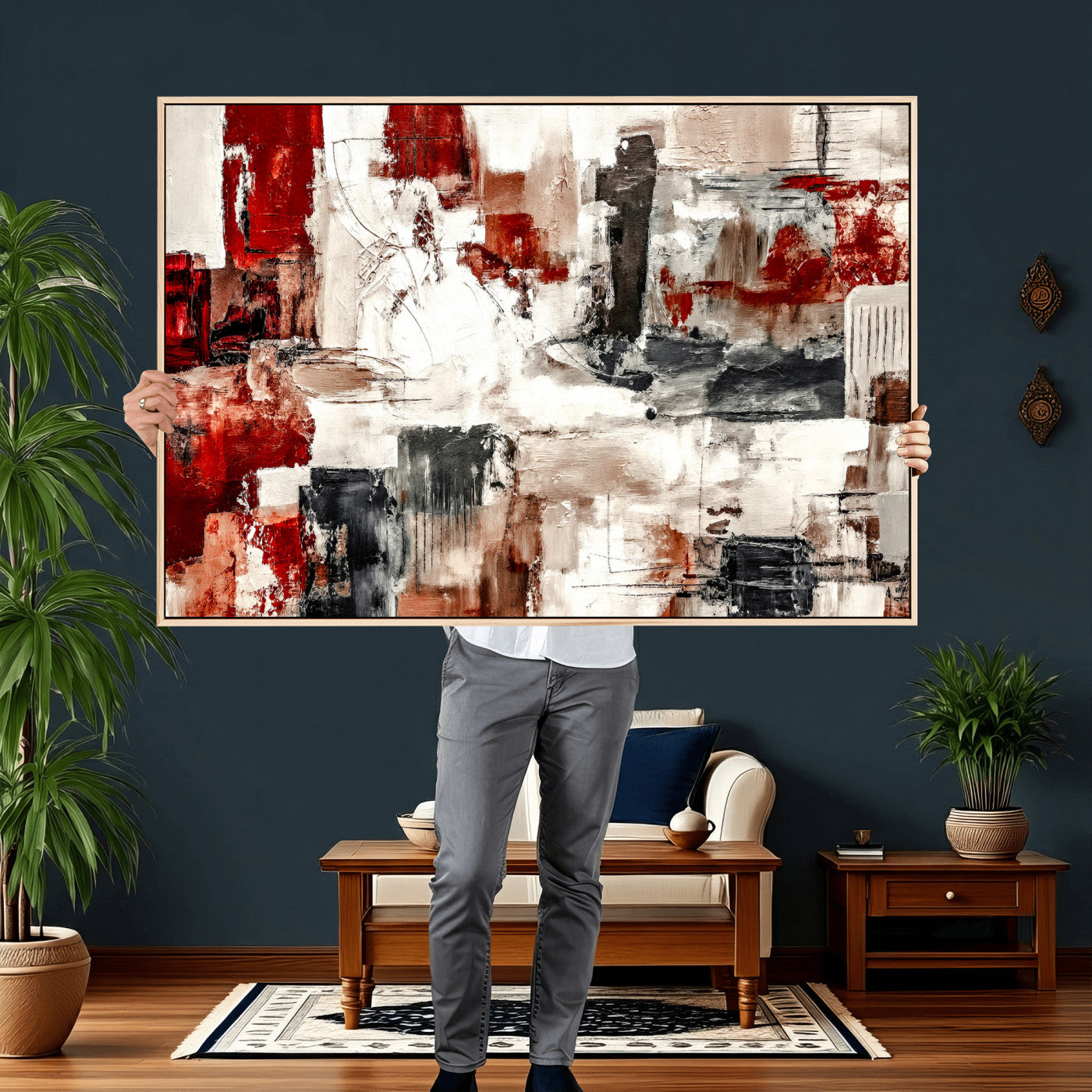 53022468-MGV-CV-36X24 - Blue Teal Abstract Canvas Wall Art, Modern Textured Painting Print, Navy Orange White Contemporary Art, Neutral Living Room Decor, Office Art