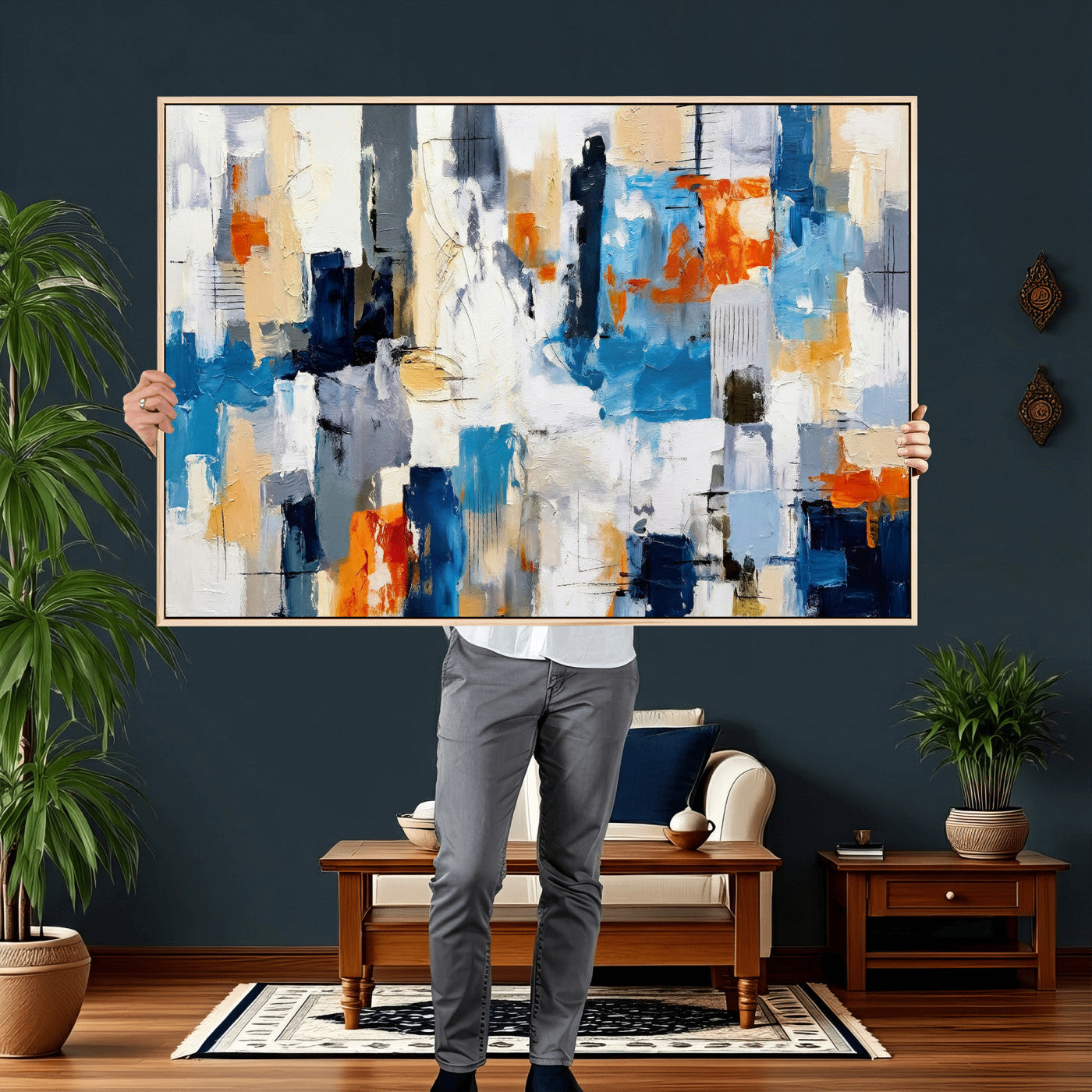 83915061-MGV-CV-36X24 - Blue Teal Abstract Canvas Wall Art, Modern Textured Painting Print, Navy Orange White Contemporary Art, Neutral Living Room Decor, Office Art