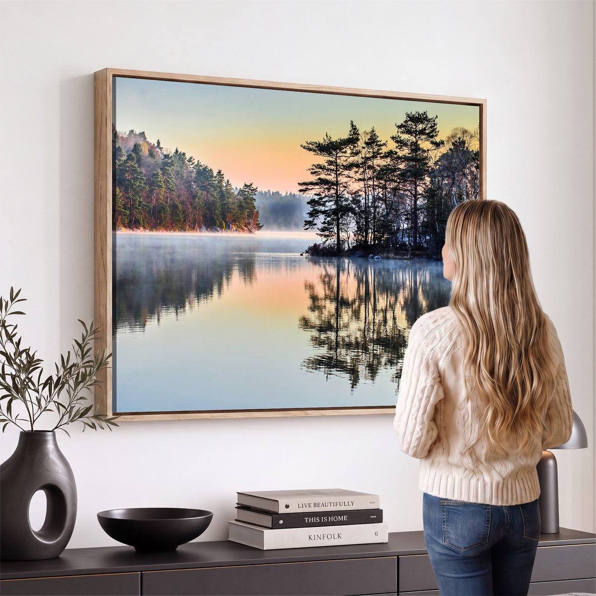 34236027-MGV-CV-36X24 - Before People Wake Canvas Wall Art Print, Misty Lake Sunrise Landscape, Forest Reflection Nature Decor, Ready to Hang