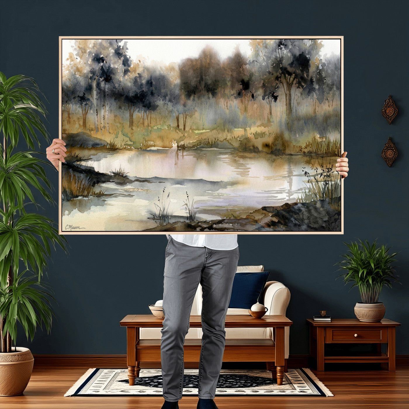 27383609-MGV-CV-36X24 - Abstract WatercolorAutumn Lake Canvas Wall Art Print, Misty Forest Landscape, Rustic Nature Painting, Cabin Wall Decor, Ready to Hang