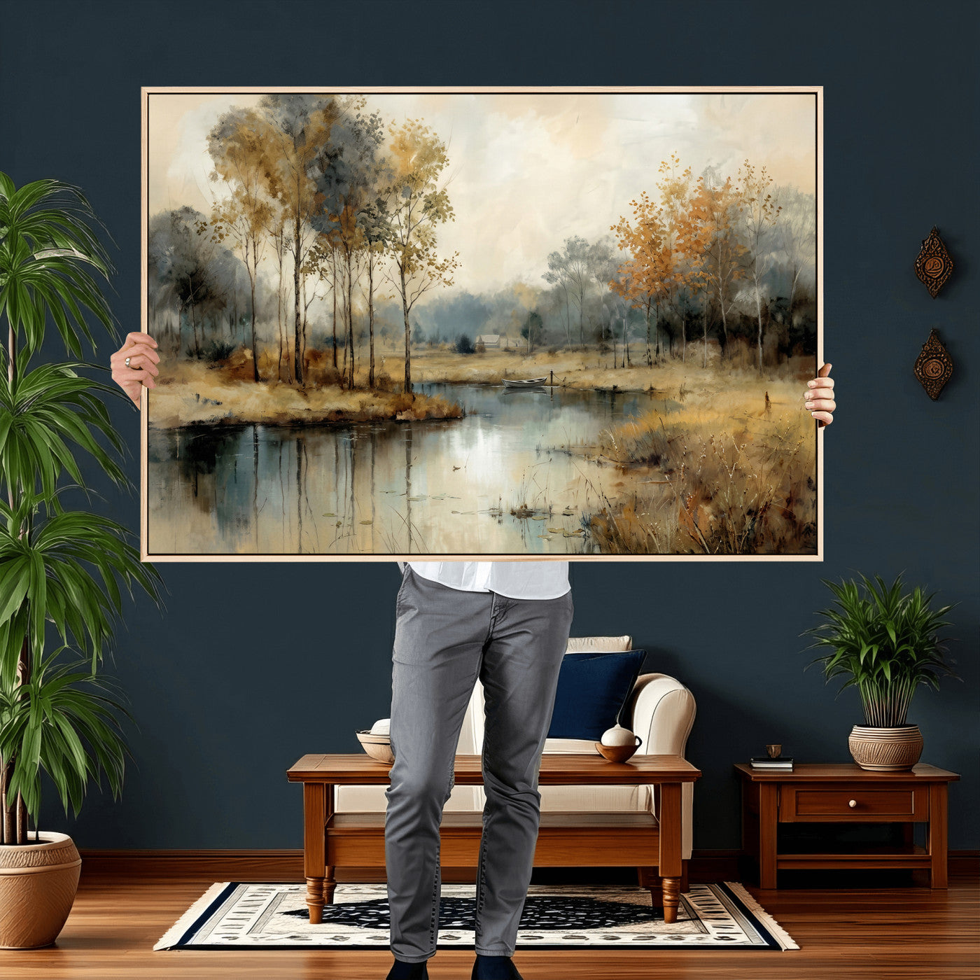 74391095-MGV-CV-36X24 - Abstract WatercolorAutumn Lake Canvas Wall Art Print, Misty Forest Landscape, Rustic Nature Painting, Cabin Wall Decor, Ready to Hang