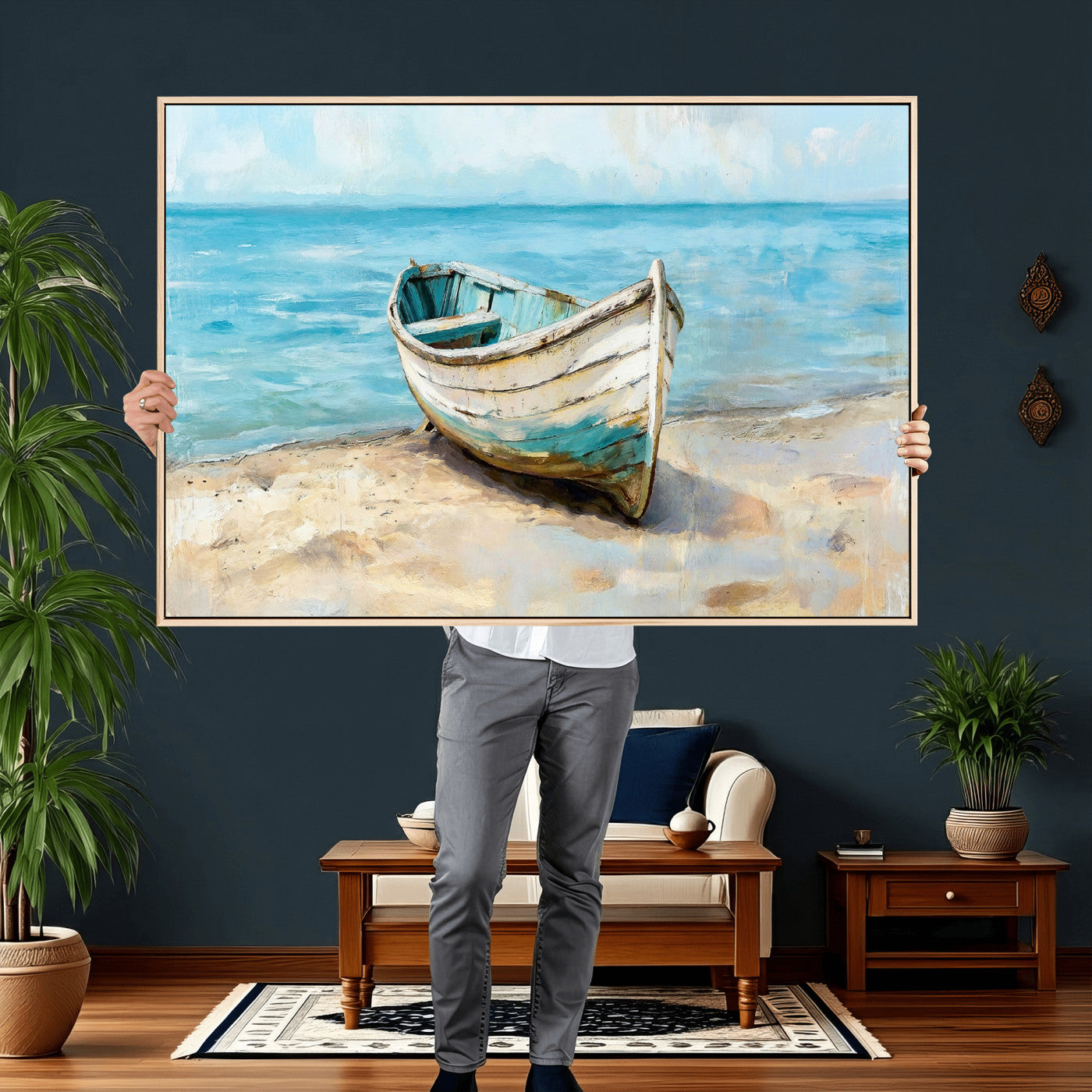 14780565-MGV-CV-36X24 - Coastal Boat Canvas Wall Art Print, Beach Boat Painting, Nautical Ocean Decor, Seascape Wall Art - Ready to Hang