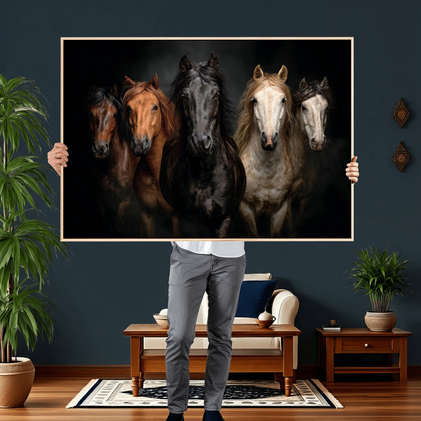 77696206-MGV-CV-36X24 - Horse Wall Art Canvas Print | Wild Horses Portrait Photography, Animal Horse Decor, Black Brown White Horse Herd