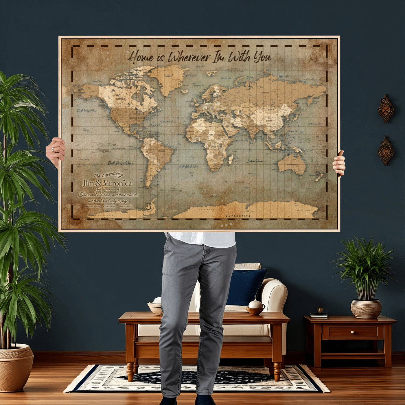 97123877-MGV-CV-36X24 - Vintage Custom Push Pin World Map Print | Vintage Travel Map Canvas, Personalized Names Anniversary Gift, Places Visited Pin Board