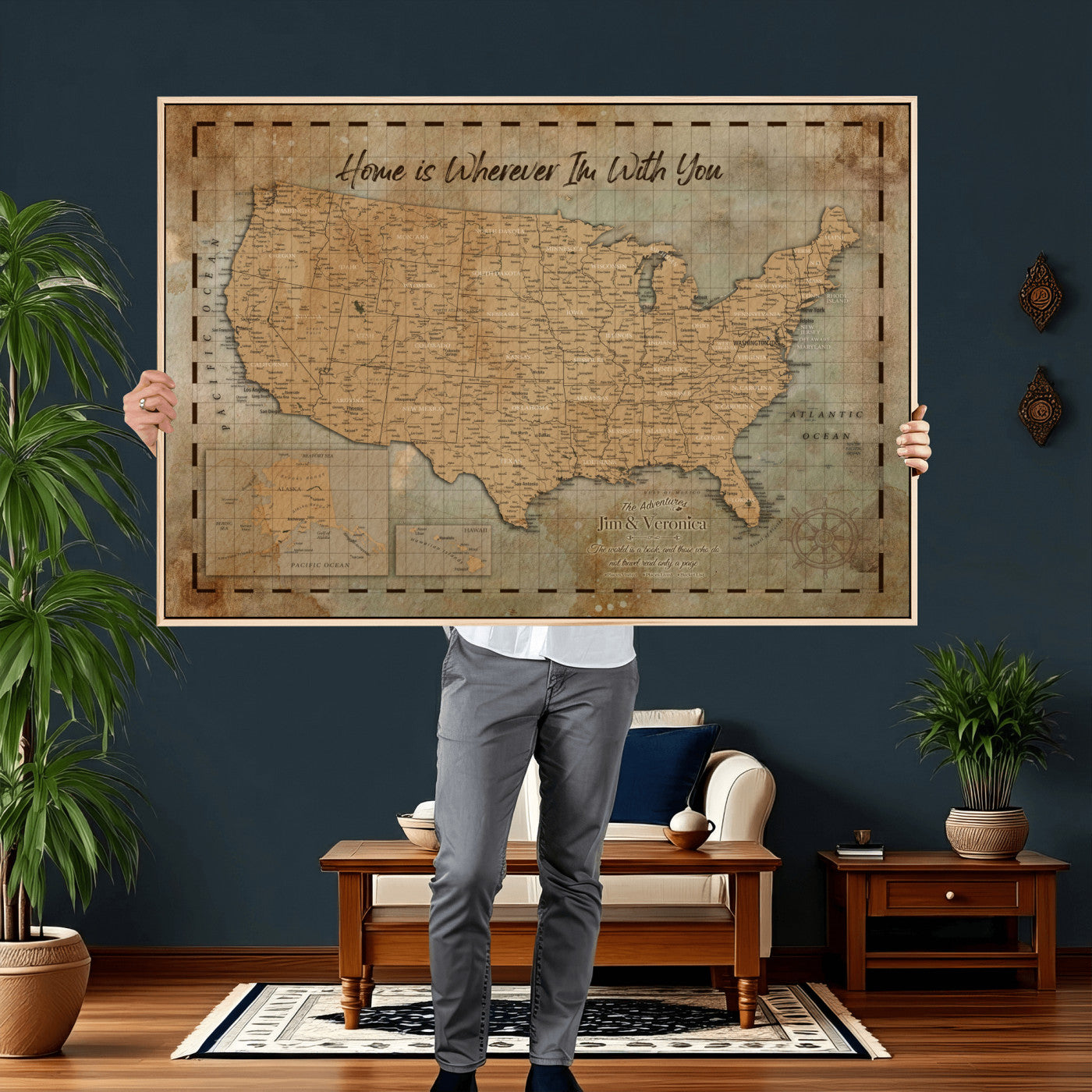 87620242-MGV-CV-36X24 - Personalized USA Push Pin Travel Map, Custom United States Map, Push Pin Map, USA Bucket List Map, Anniversary Gift, Couple Travel Map Wall Art
