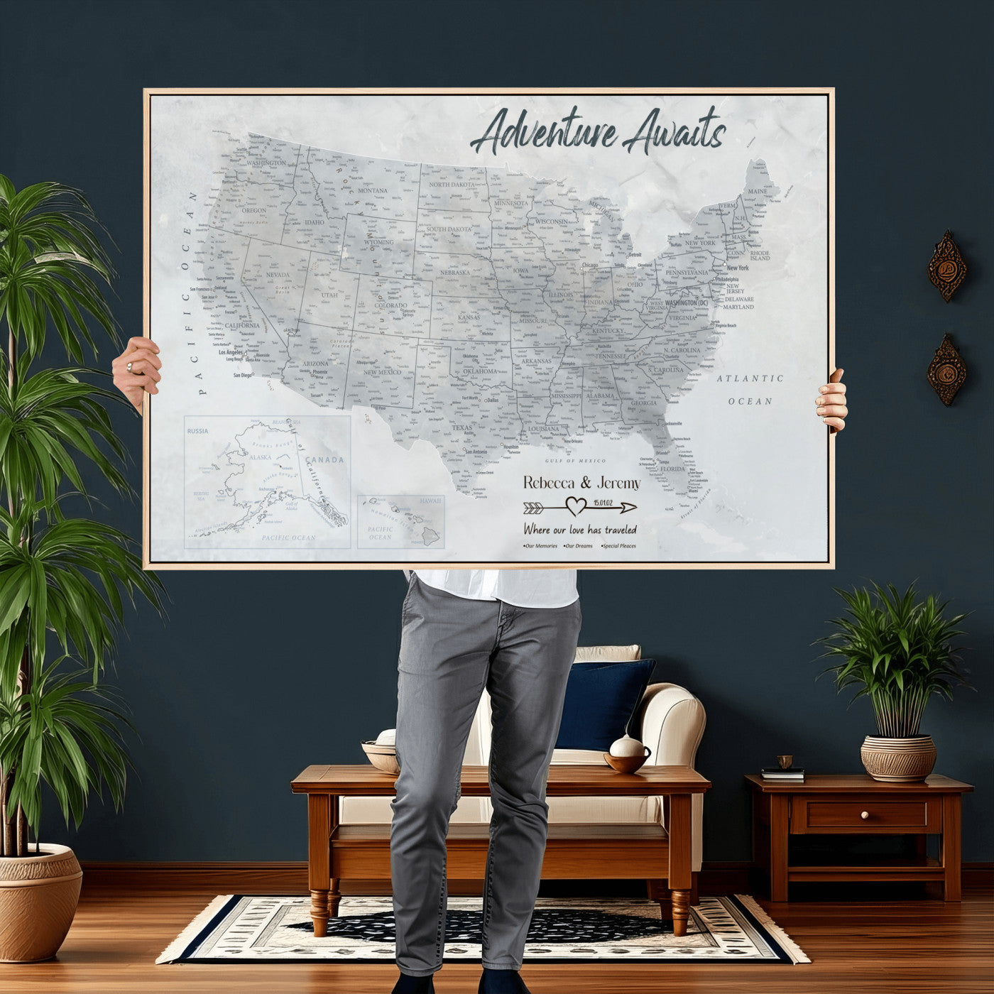 66120672-MGV-CV-36X24 - Personalized America Push Pin Travel Map Canvas Wall Art for Custom Family Gift