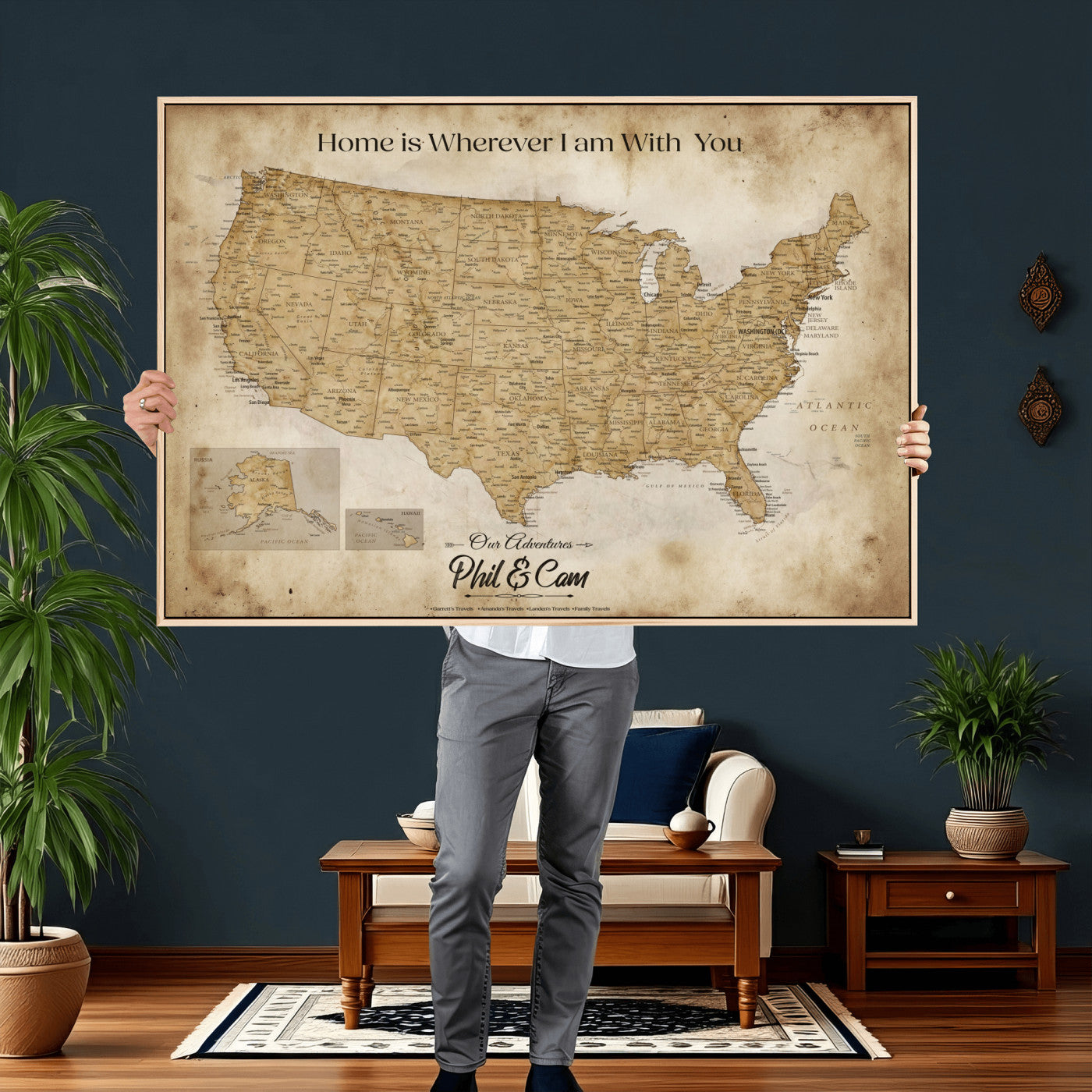 80624553-MGV-CV-36X24 - Personalized USA Push Pin Travel Map Canvas Wall Art Custom Family Gift
