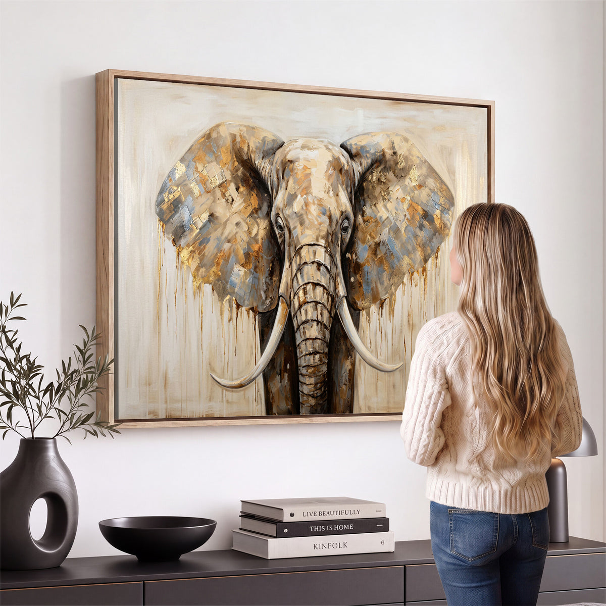 95819221-MGV-CV-36X24 - Gold Leaf Elephant Canvas Wall Art Abstract African Wildlife Painting Print