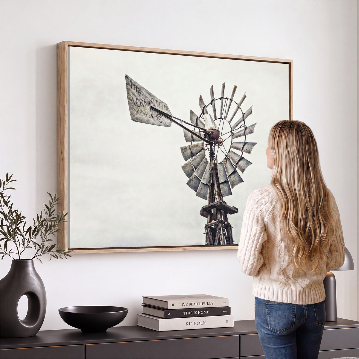 63200638-MGV-TP-24X36 - Vintage Rustic Farmhouse Windmill Canvas Wall Art - Western Country Landscape Print