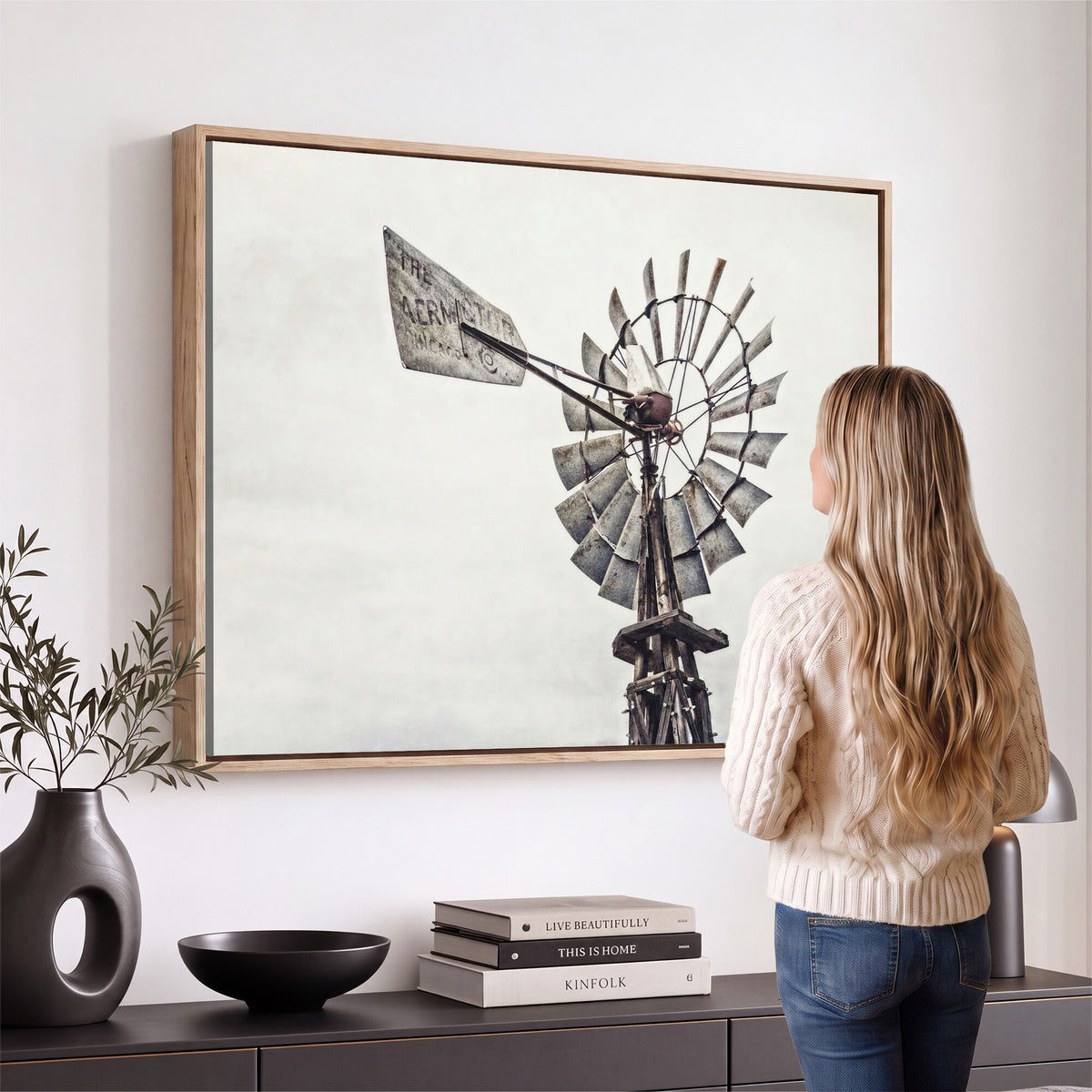 63200638-MGV-TP-30X20 - Vintage Rustic Farmhouse Windmill Canvas Wall Art - Western Country Landscape Print