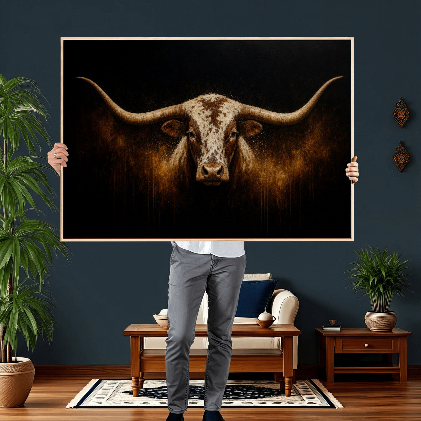 12628958-MGV-CV-36X24 - Texas Longhorn Canvas Wall Art Moody Western Bull Oil Painting Print