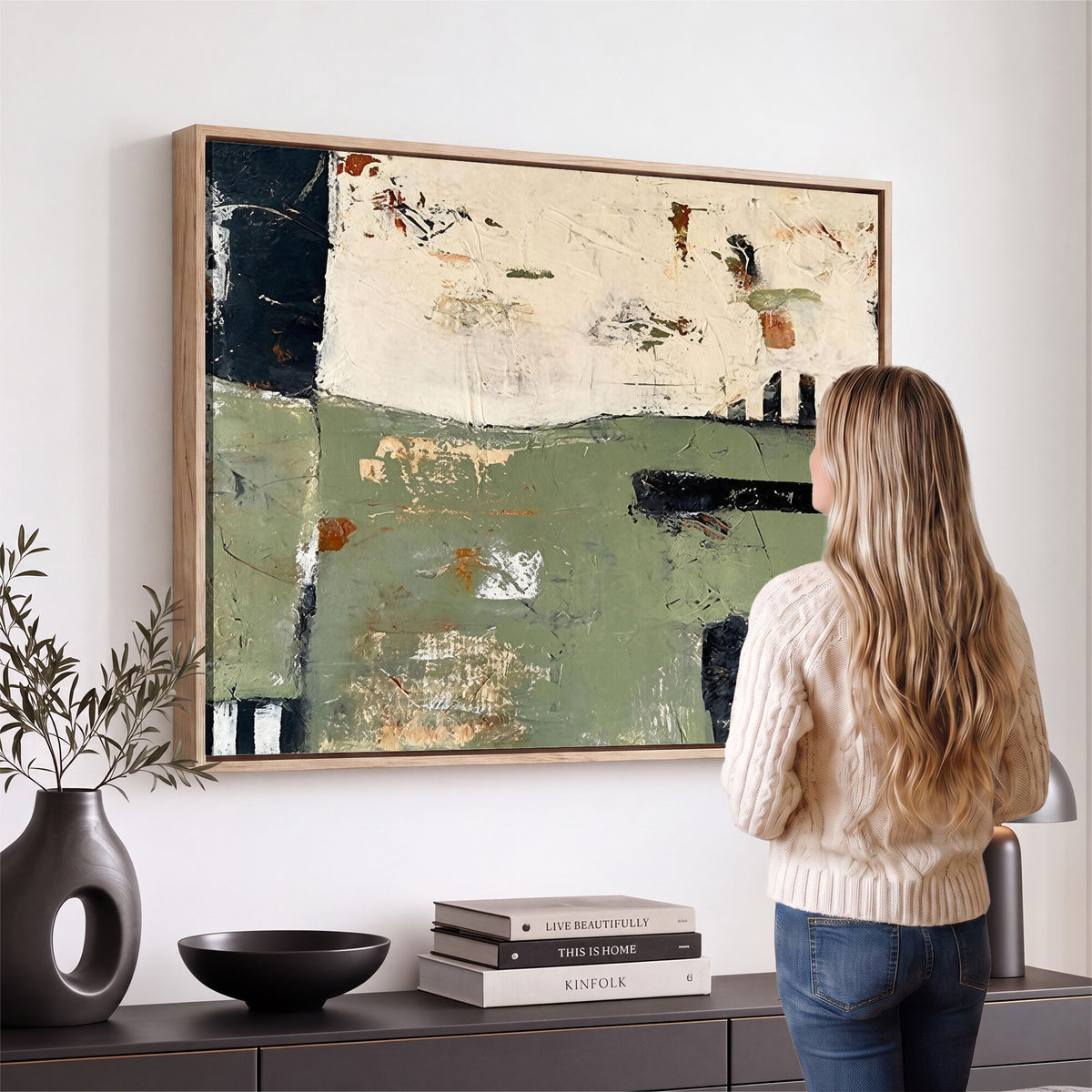 77942087-MGV-CV-36X24 - Sage Green Abstract Geometric Landscape Wall Art Canvas Print, Modern Minimalist Decor